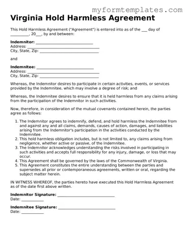 Official Hold Harmless Agreement Form for the State of Virginia