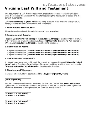 Official Last Will and Testament Form for the State of Virginia