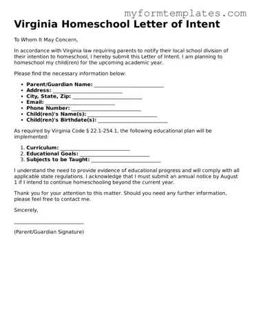 Official Homeschool Letter of Intent Form for the State of Virginia