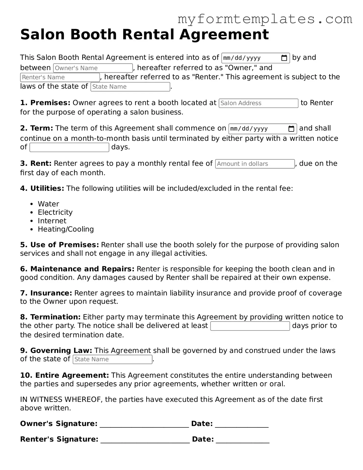 Salon Booth Rental Agreement Document