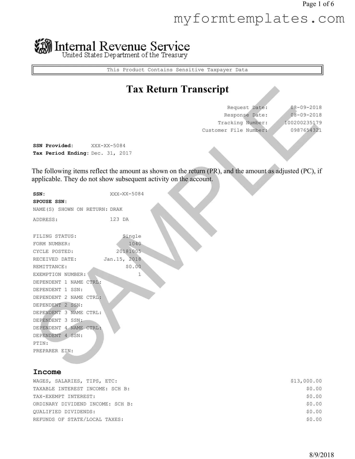 Official Sample Tax Return Transcript Form in PDF
