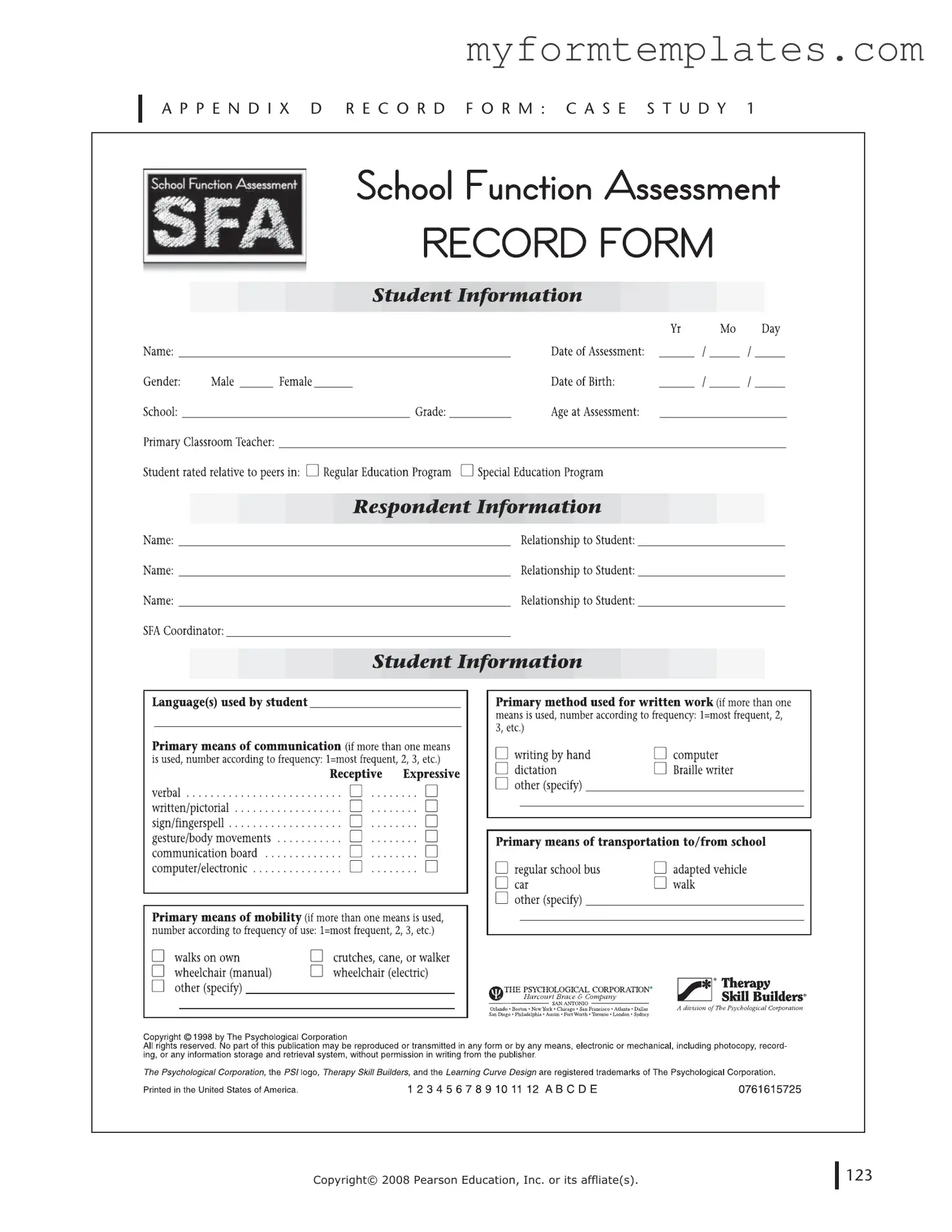 Official School Function Assessment Form in PDF