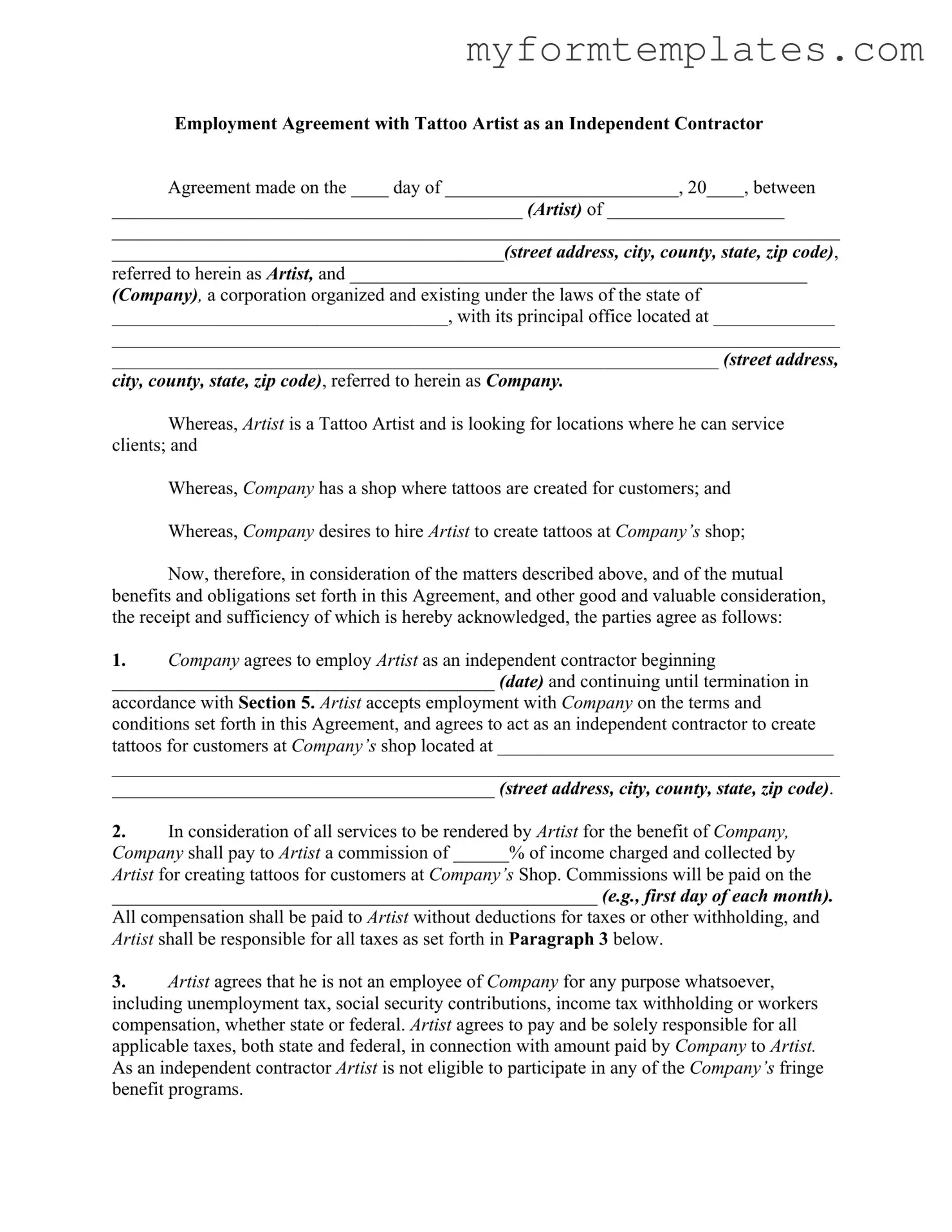 Official Tattoo Shop Artist Agreement Form in PDF