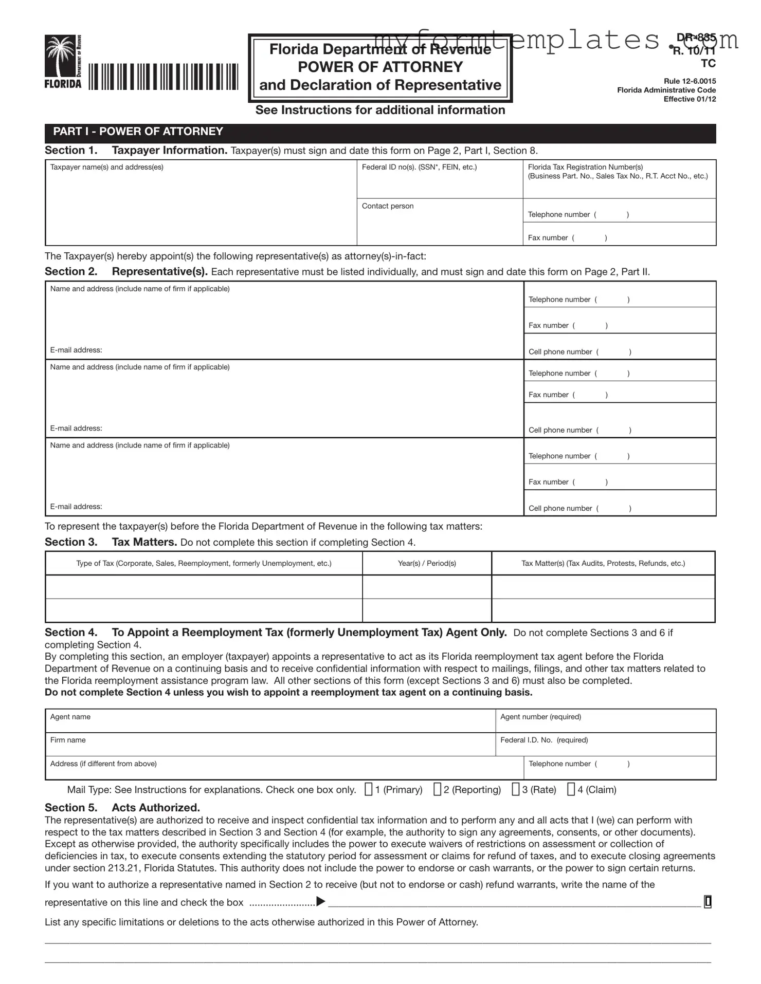 Official Tax POA dr 835 Form in PDF