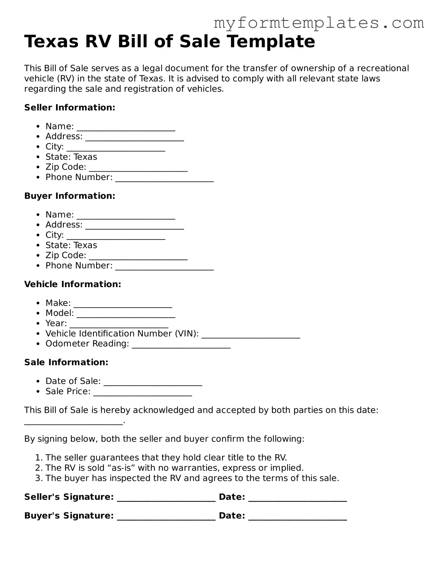 Official RV Bill of Sale Form for the State of Texas
