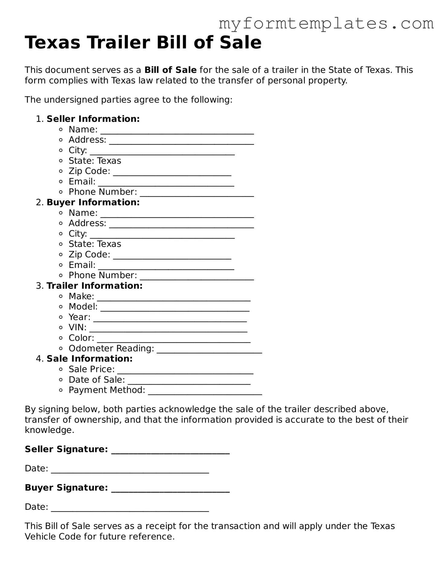 Official Trailer Bill of Sale Form for the State of Texas