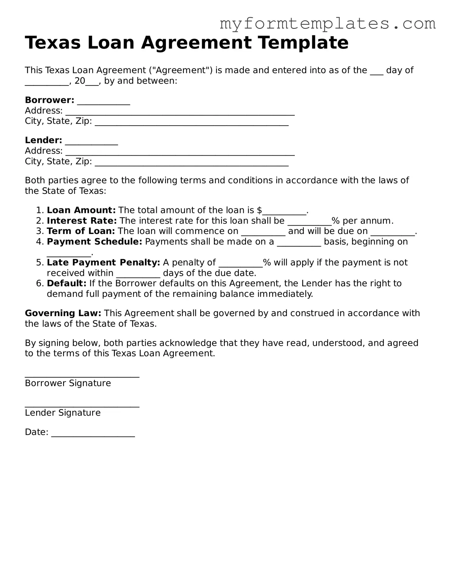 Official Loan Agreement Form for the State of Texas