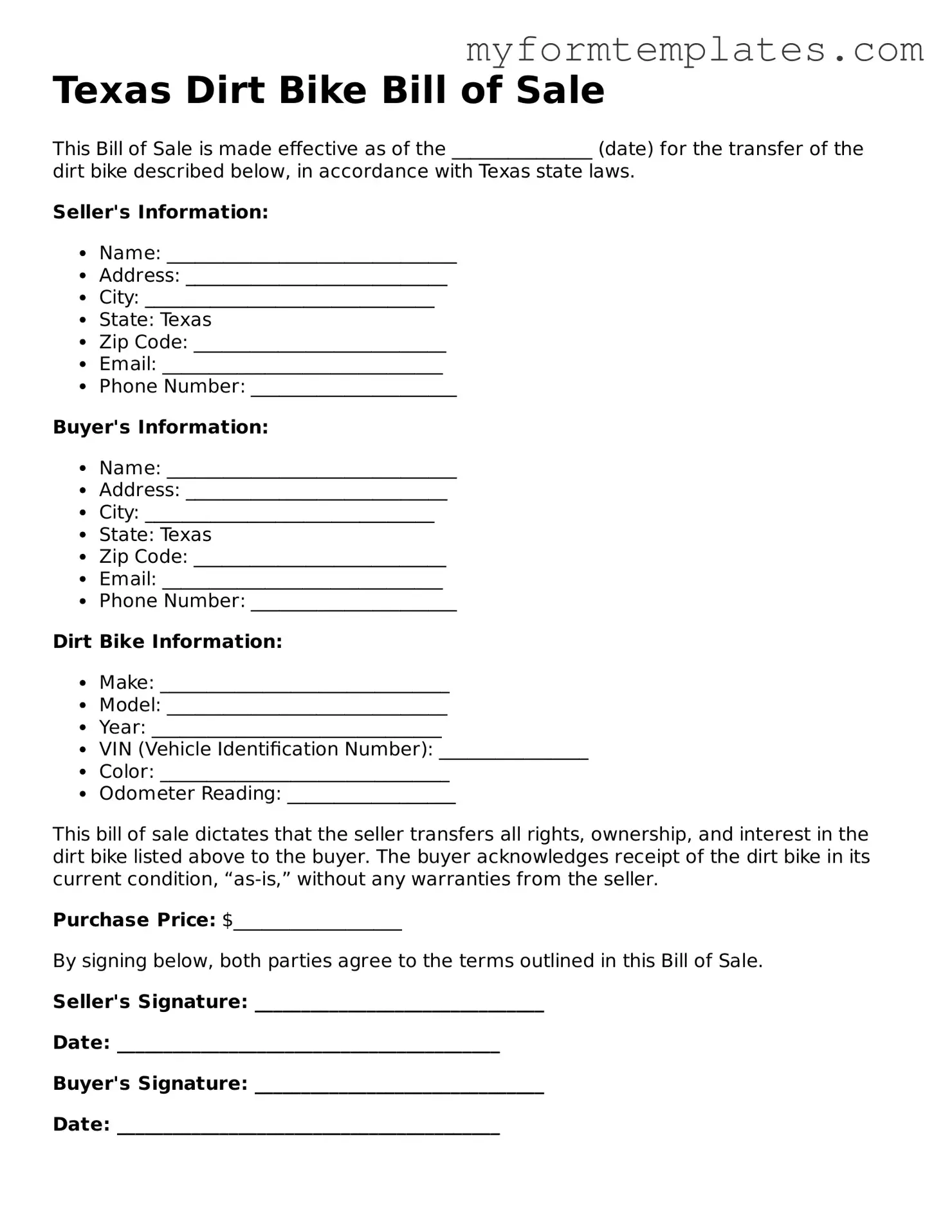 Official Dirt Bike Bill of Sale Form for the State of Texas