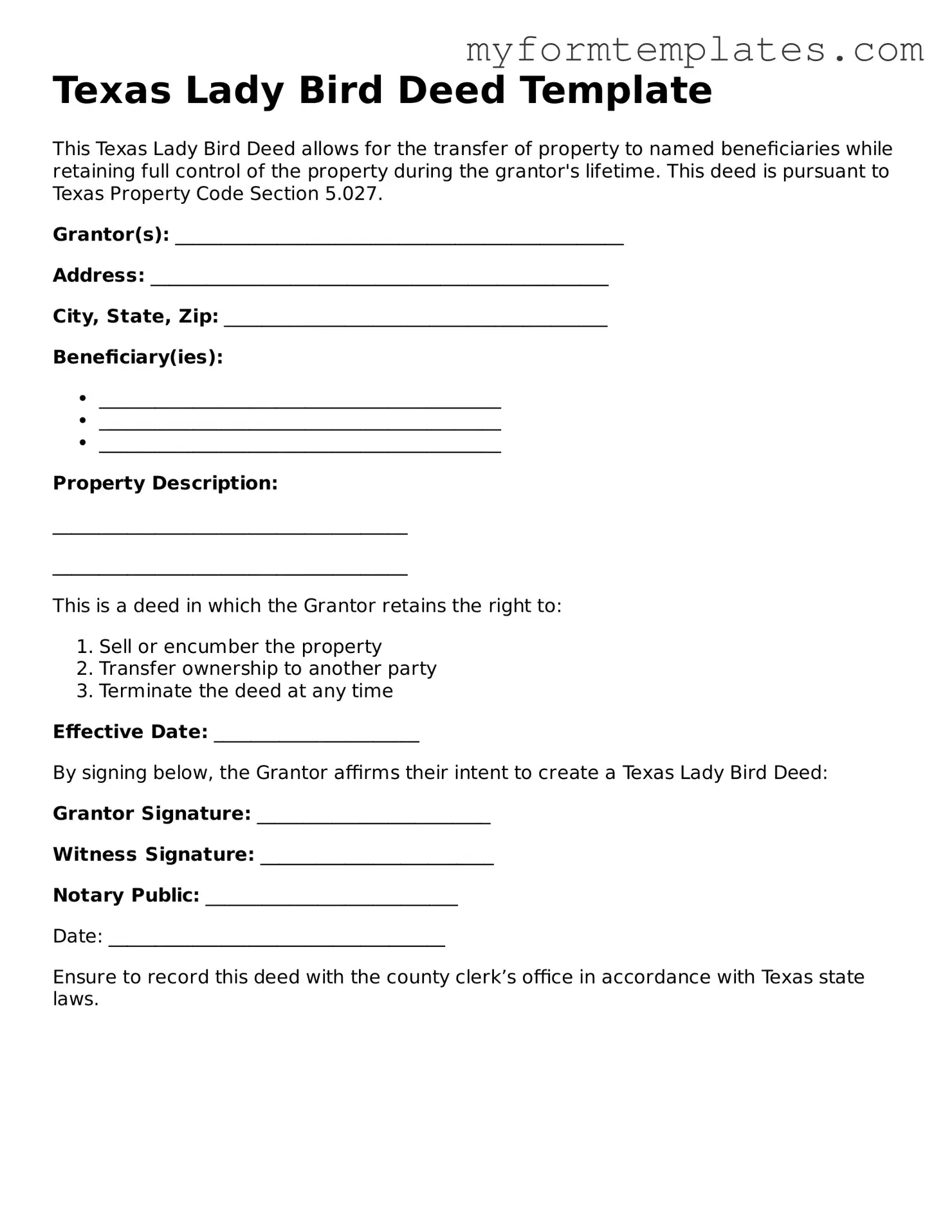 Official Lady Bird Deed Form for the State of Texas