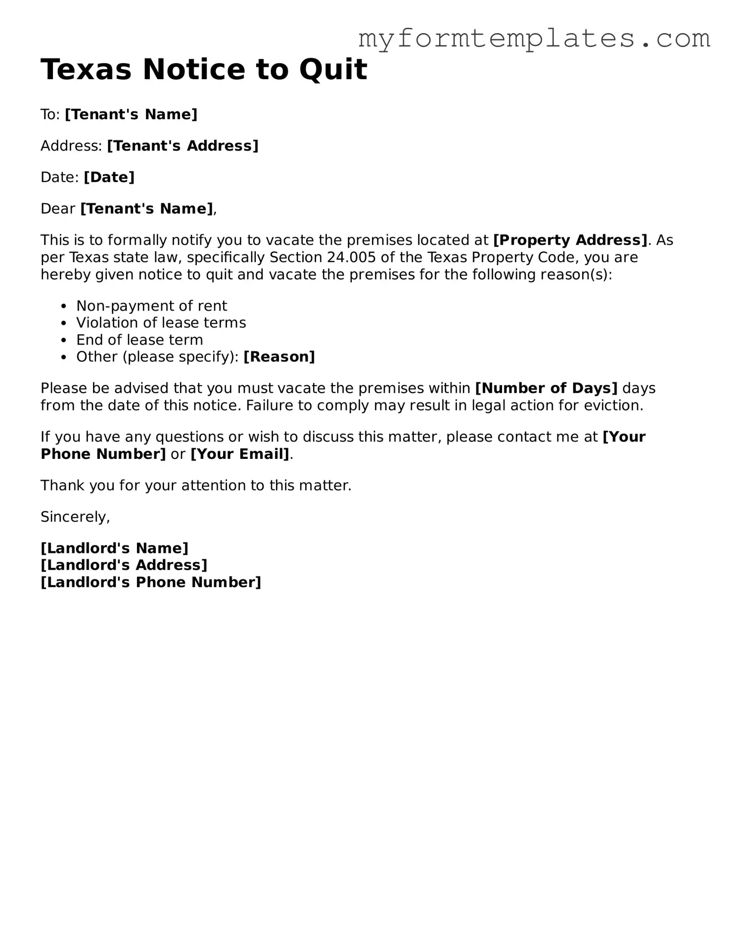 Official Notice to Quit Form for the State of Texas