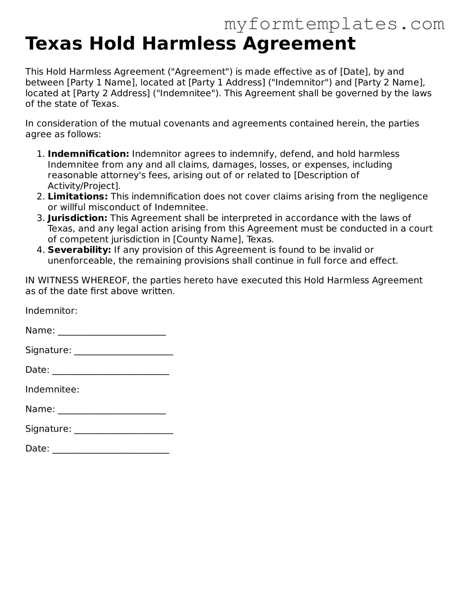 Official Hold Harmless Agreement Form for the State of Texas
