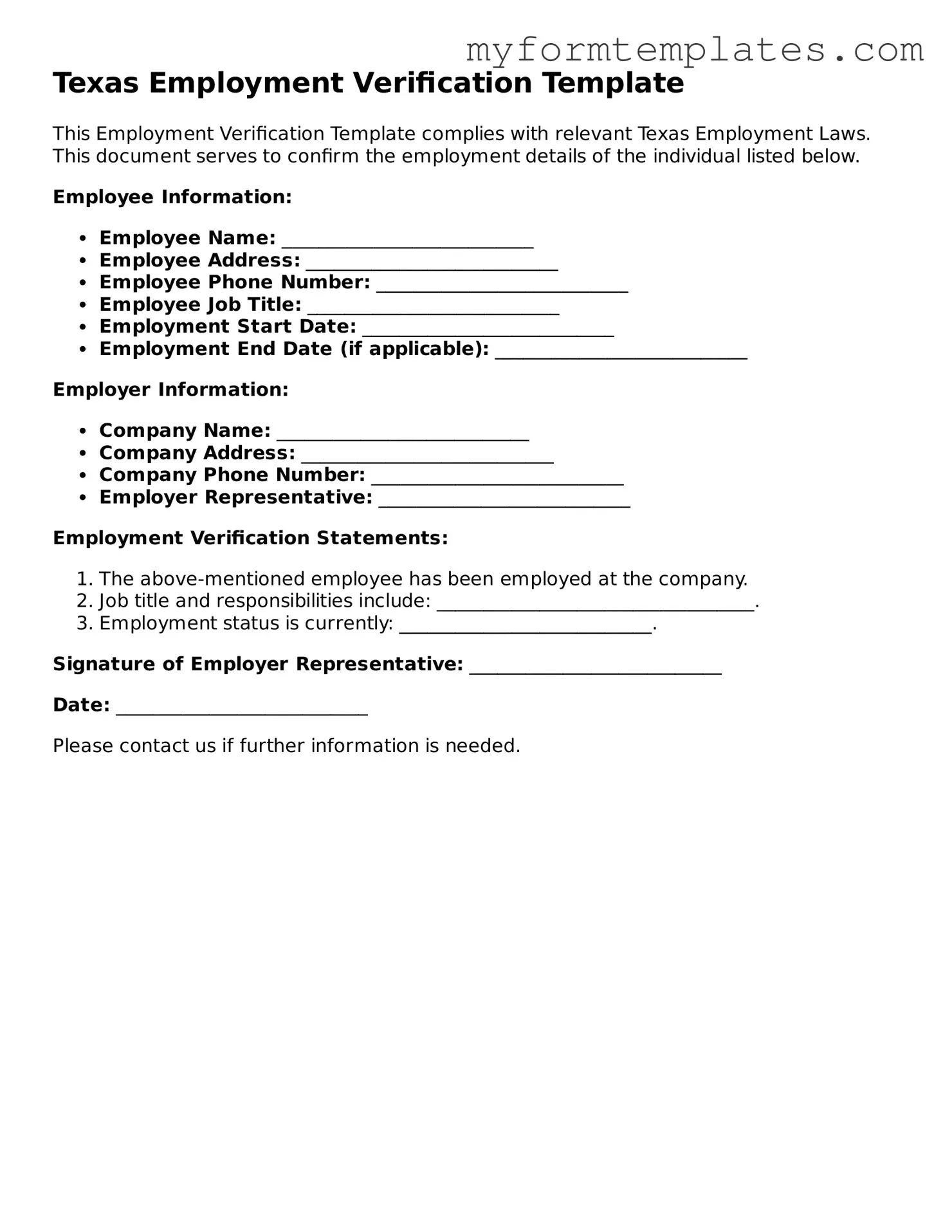 Official Employment Verification Form for the State of Texas