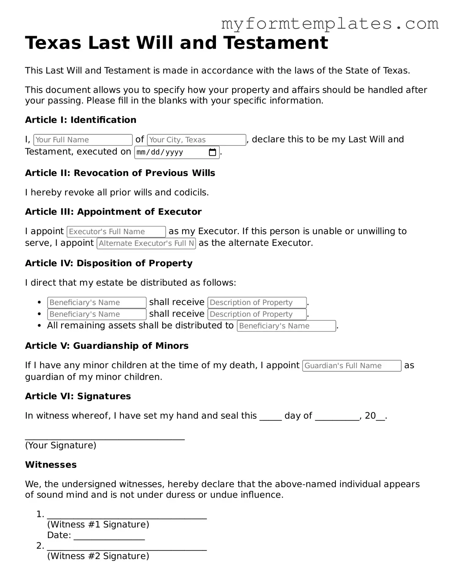Official Last Will and Testament Form for the State of Texas