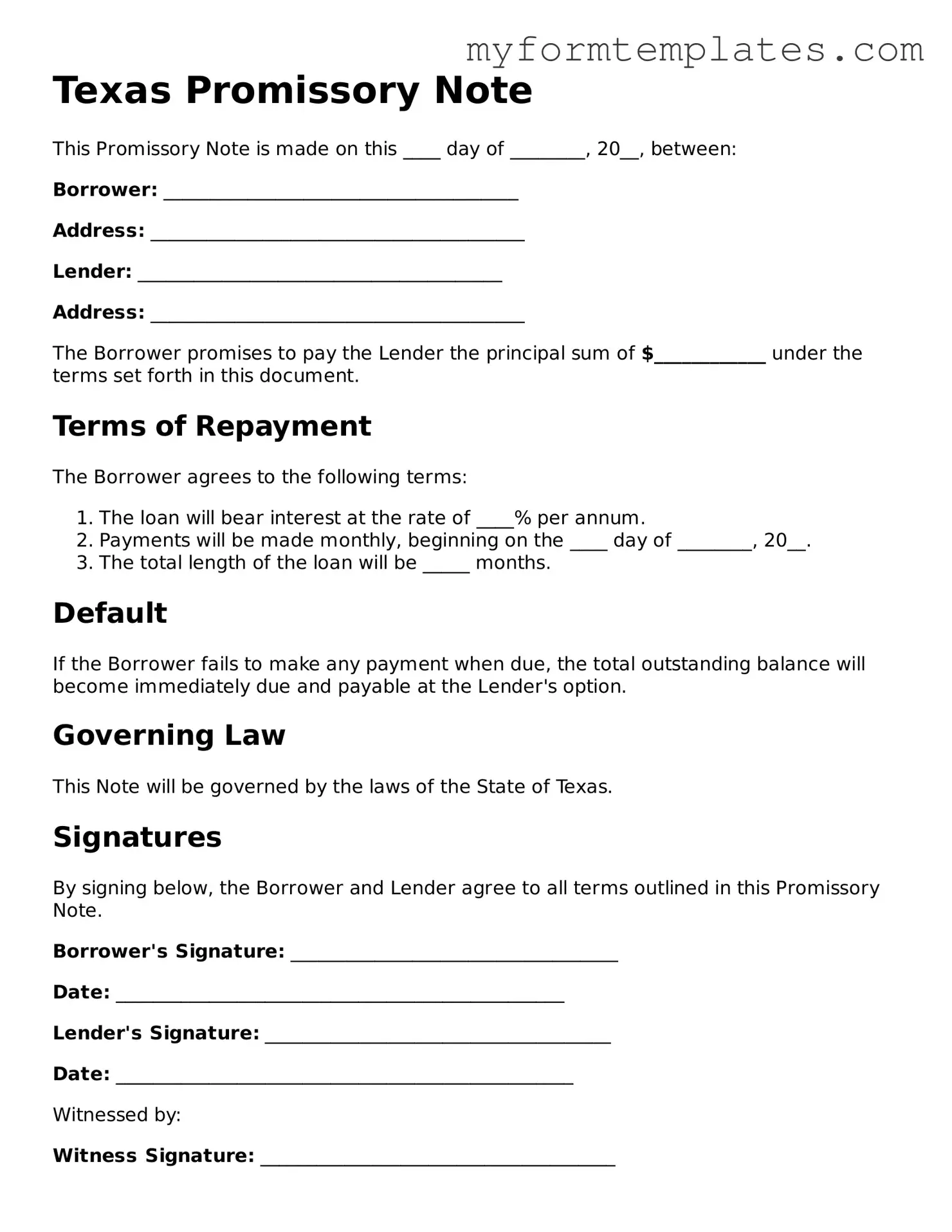 Official Promissory Note Form for the State of Texas