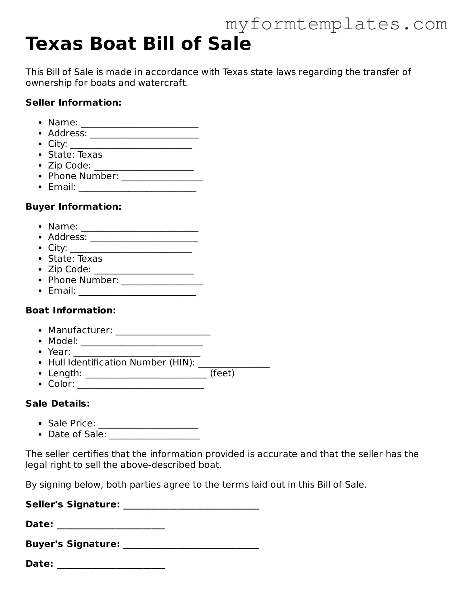 Official Boat Bill of Sale Form for the State of Texas