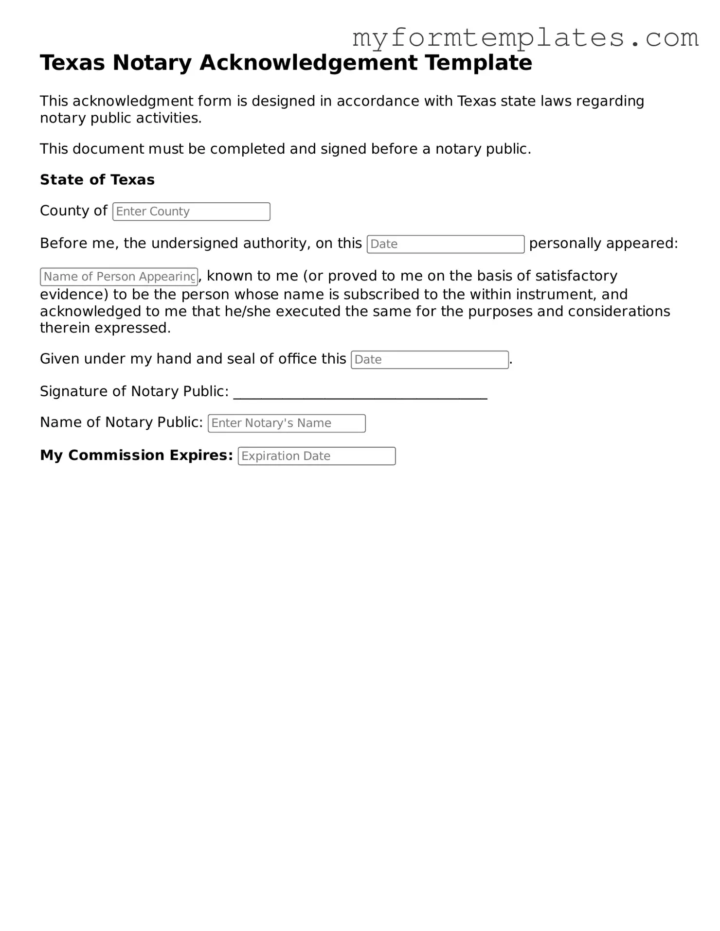 Official Notary Acknowledgement Form for the State of Texas