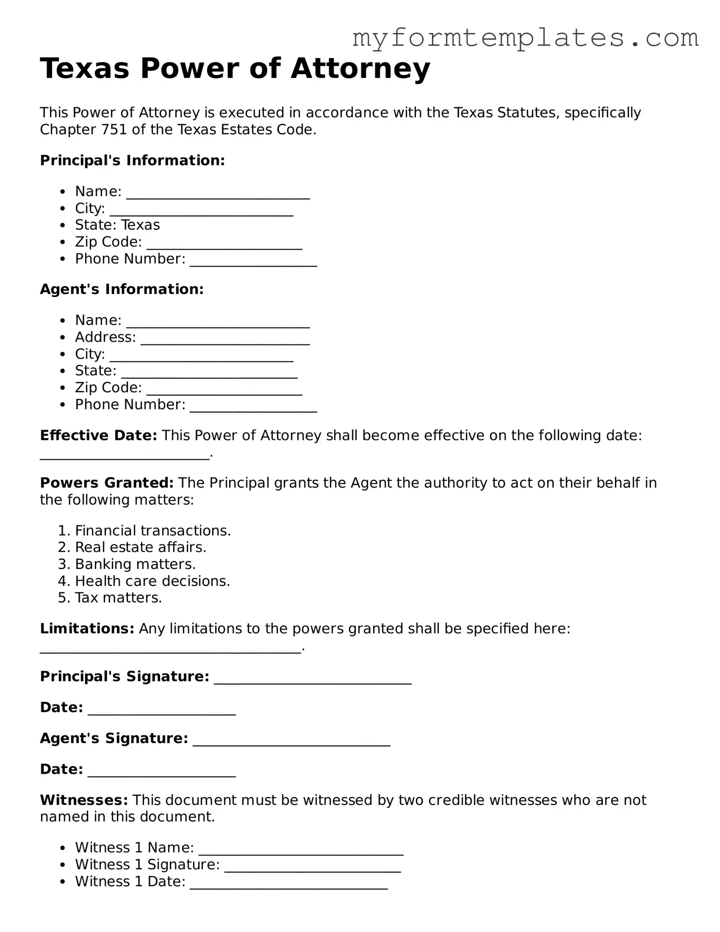 Official Power of Attorney Form for the State of Texas