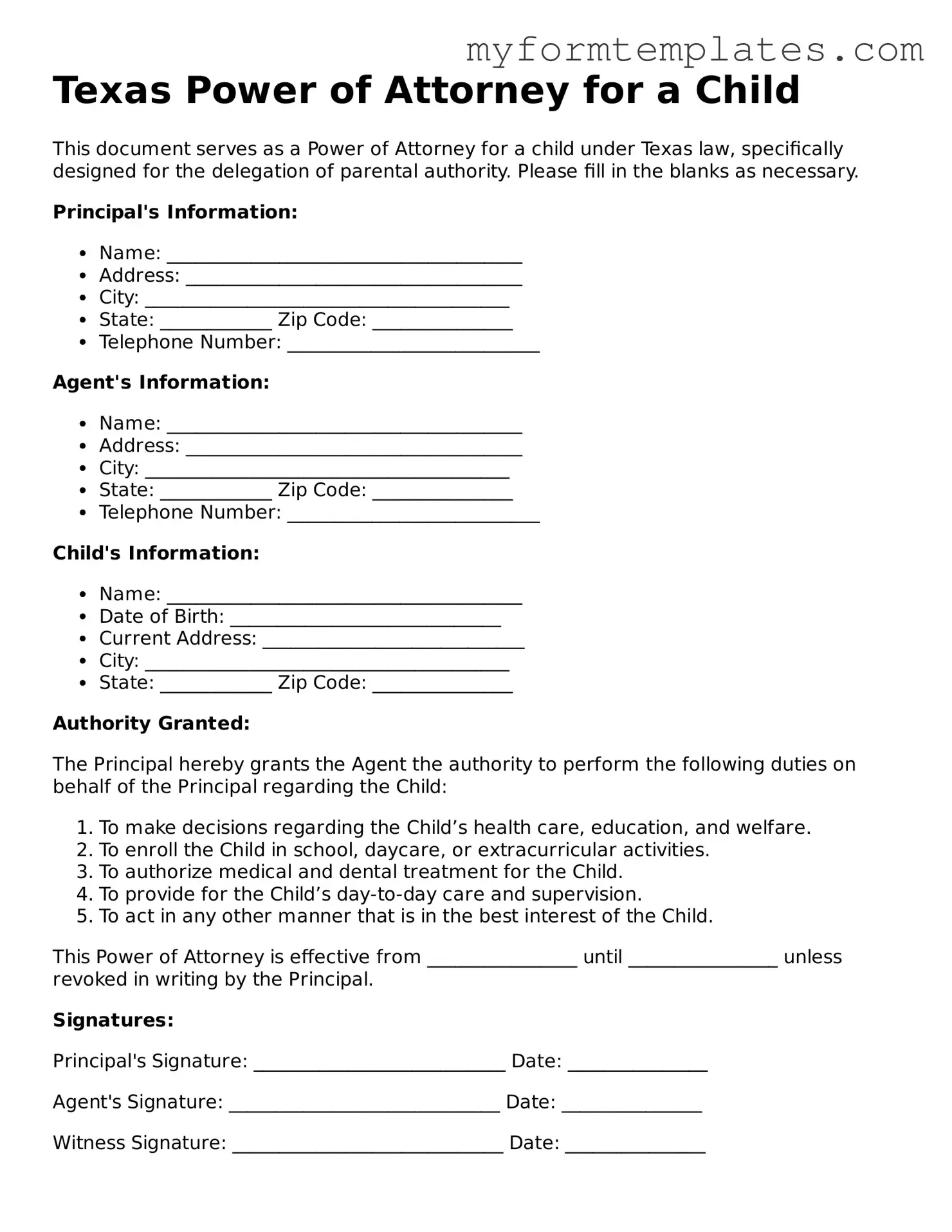 Official Power of Attorney for a Child Form for the State of Texas