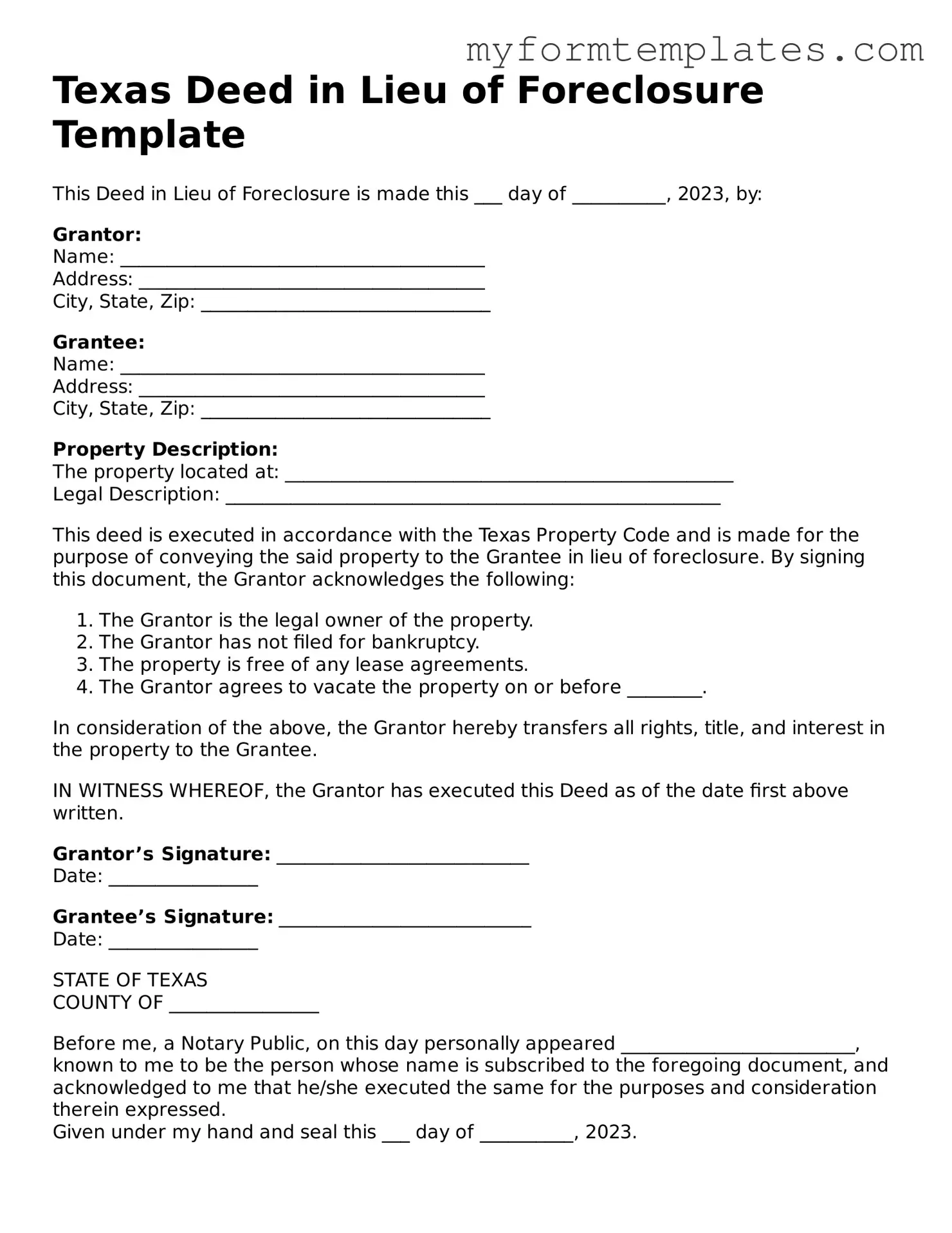 Official Deed in Lieu of Foreclosure Form for the State of Texas