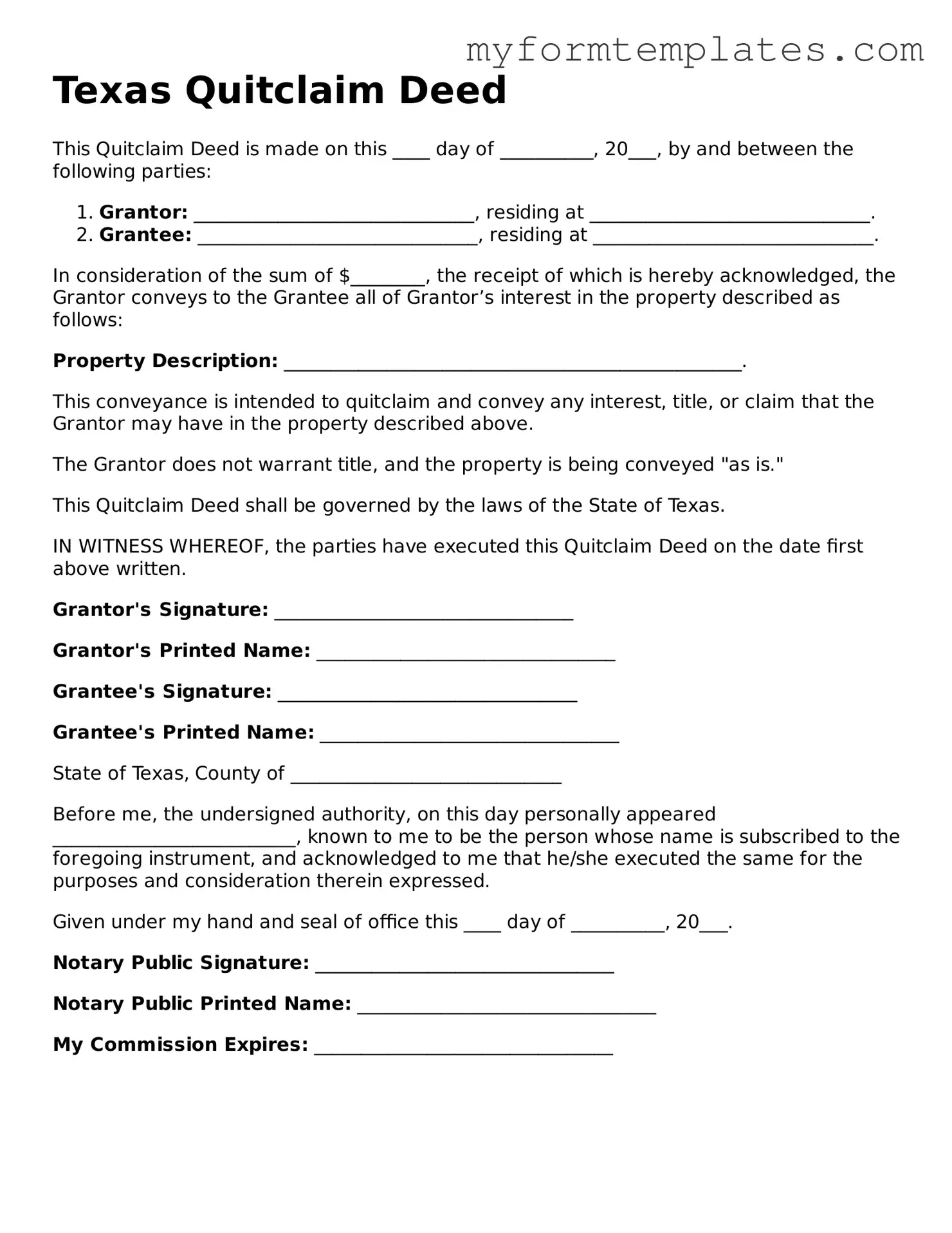 Official Quitclaim Deed Form for the State of Texas