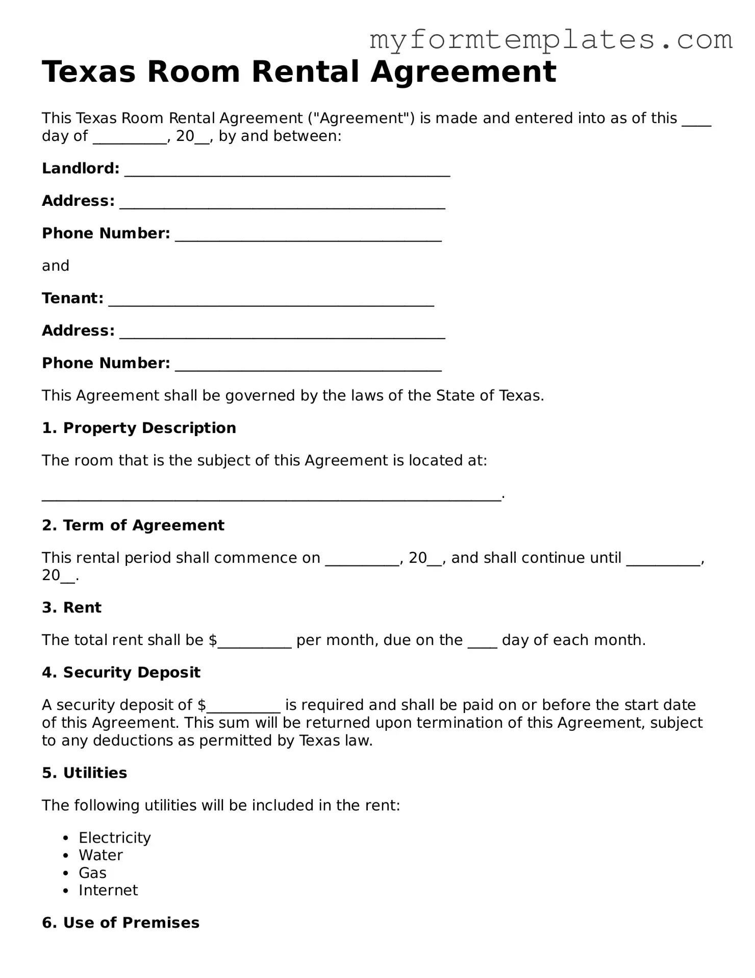 Official Room Rental Agreement Form for the State of Texas