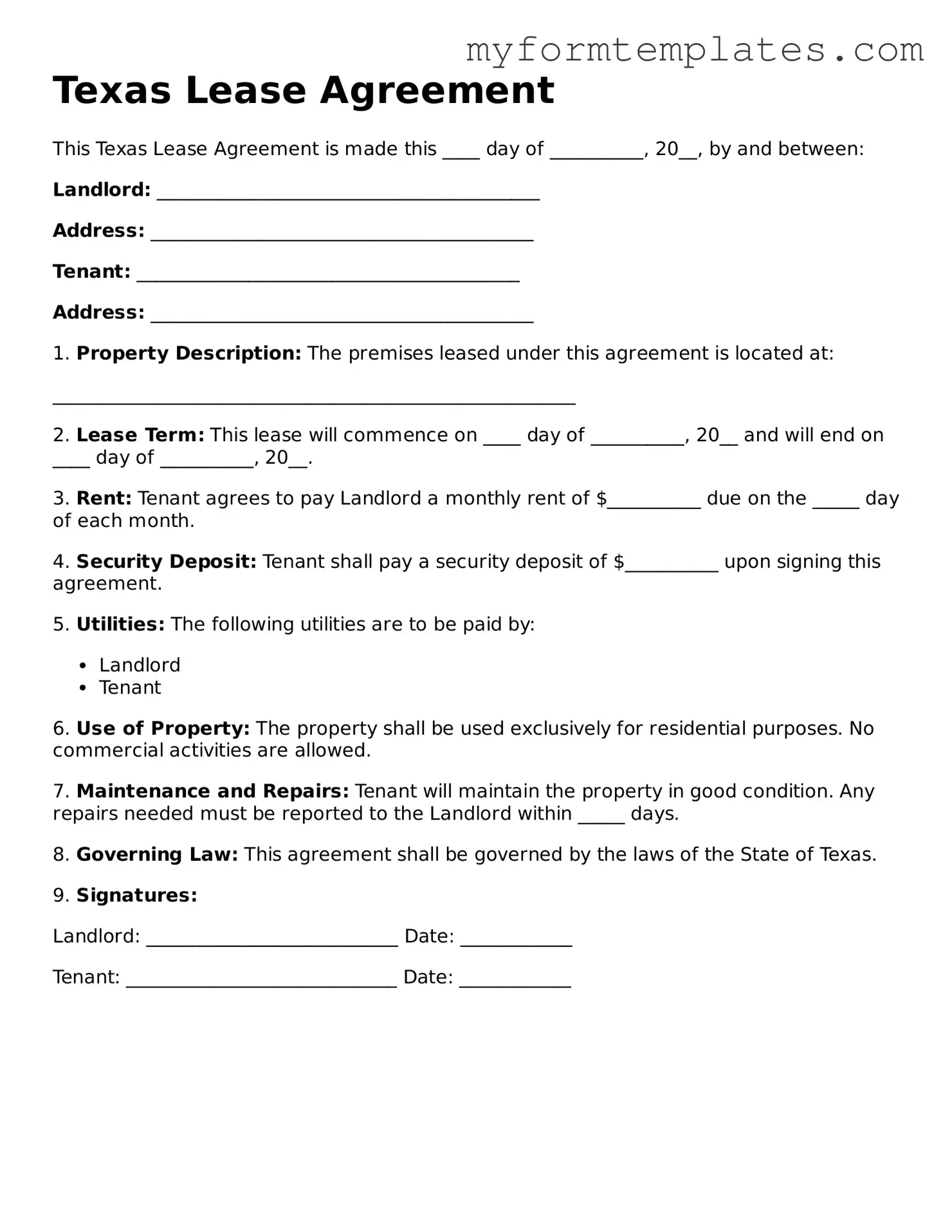 Official Lease Agreement Form for the State of Texas