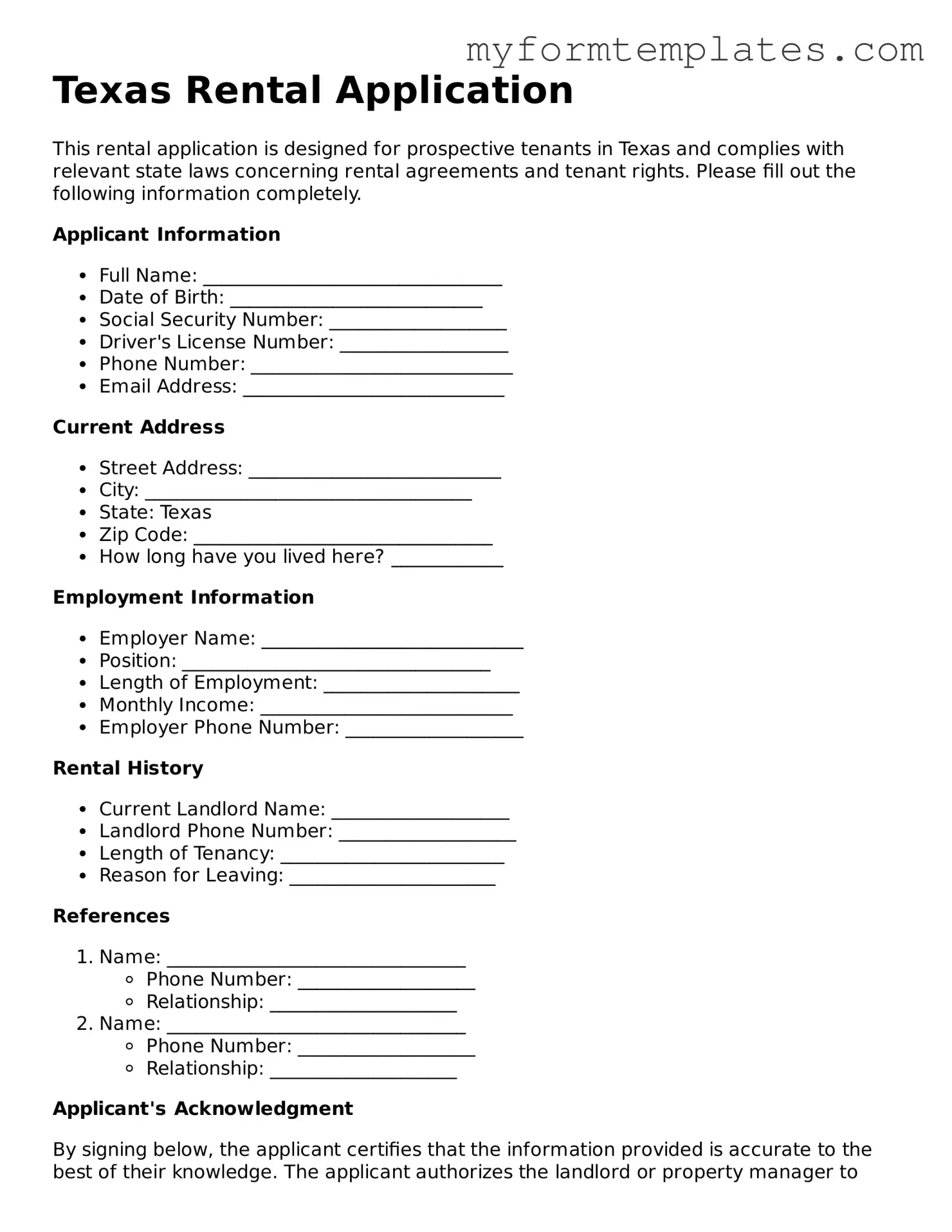 Official Rental Application Form for the State of Texas
