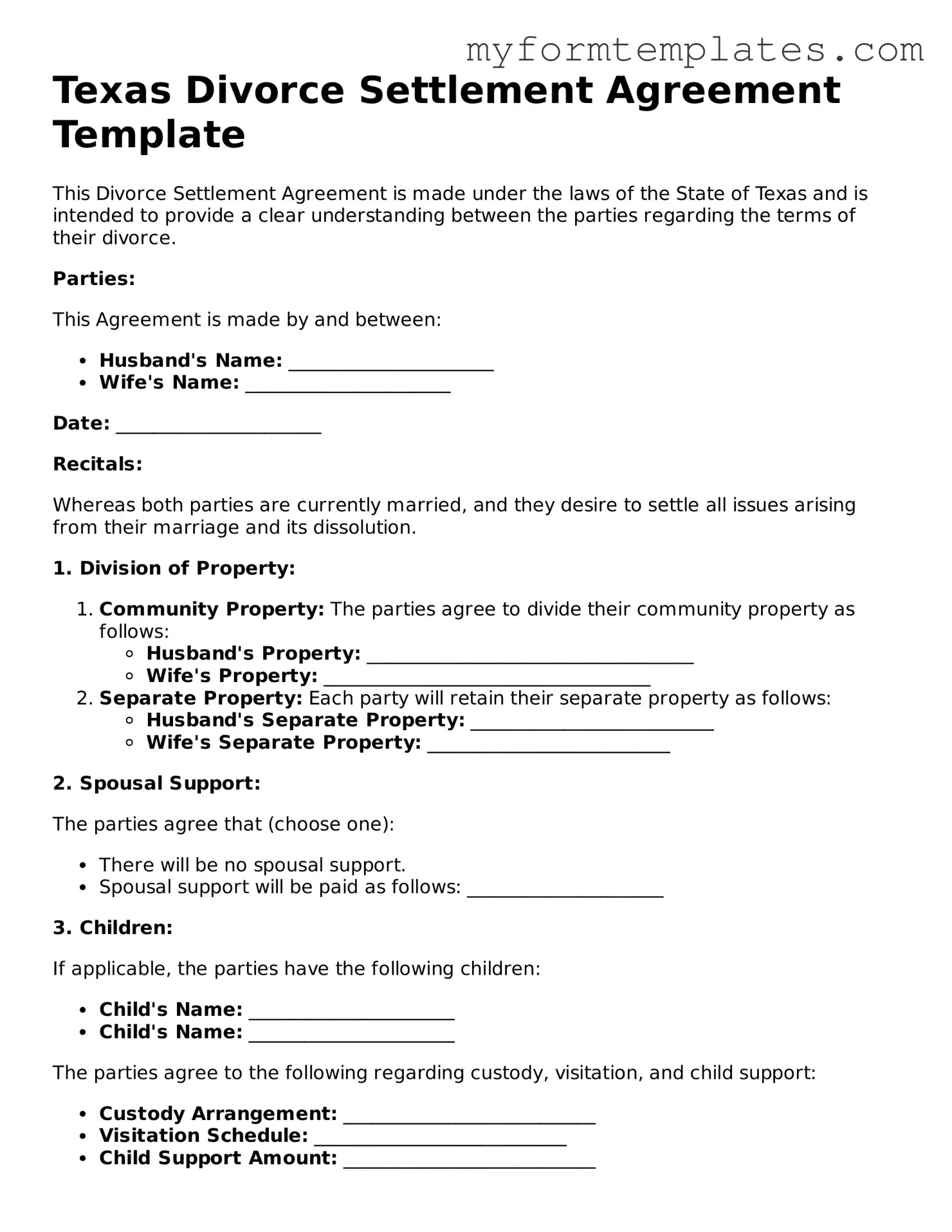 Official Divorce Settlement Agreement Form for the State of Texas