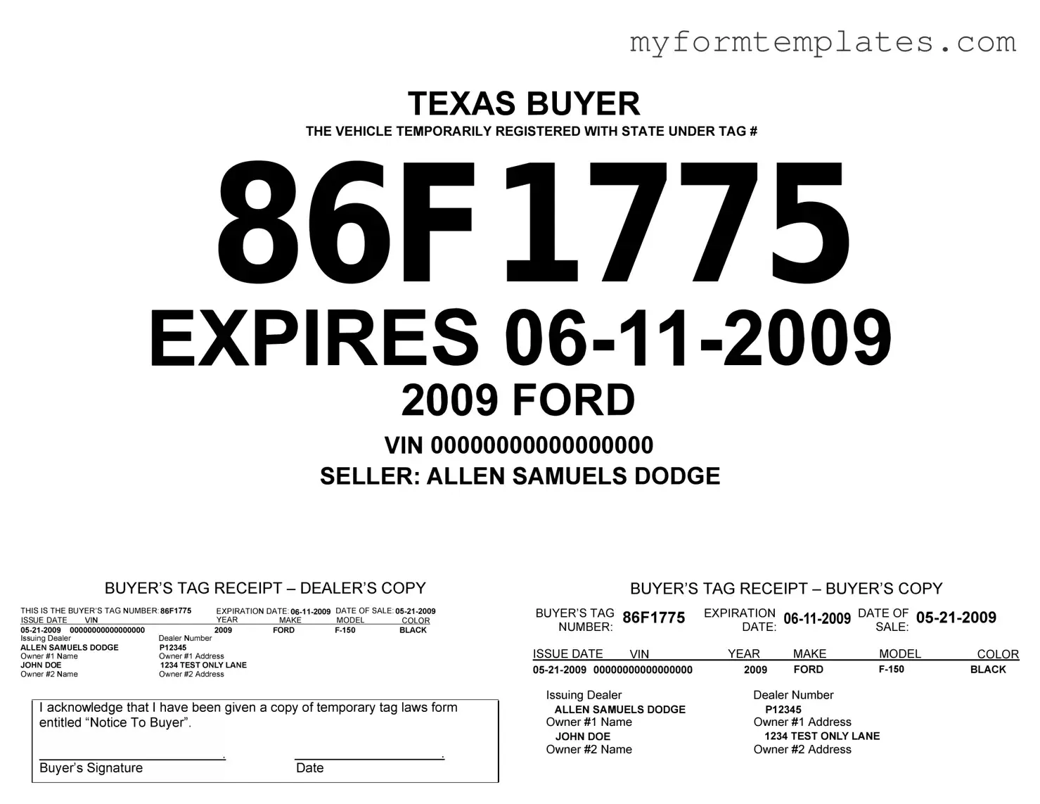 Official Texas Temporary Tag Form in PDF