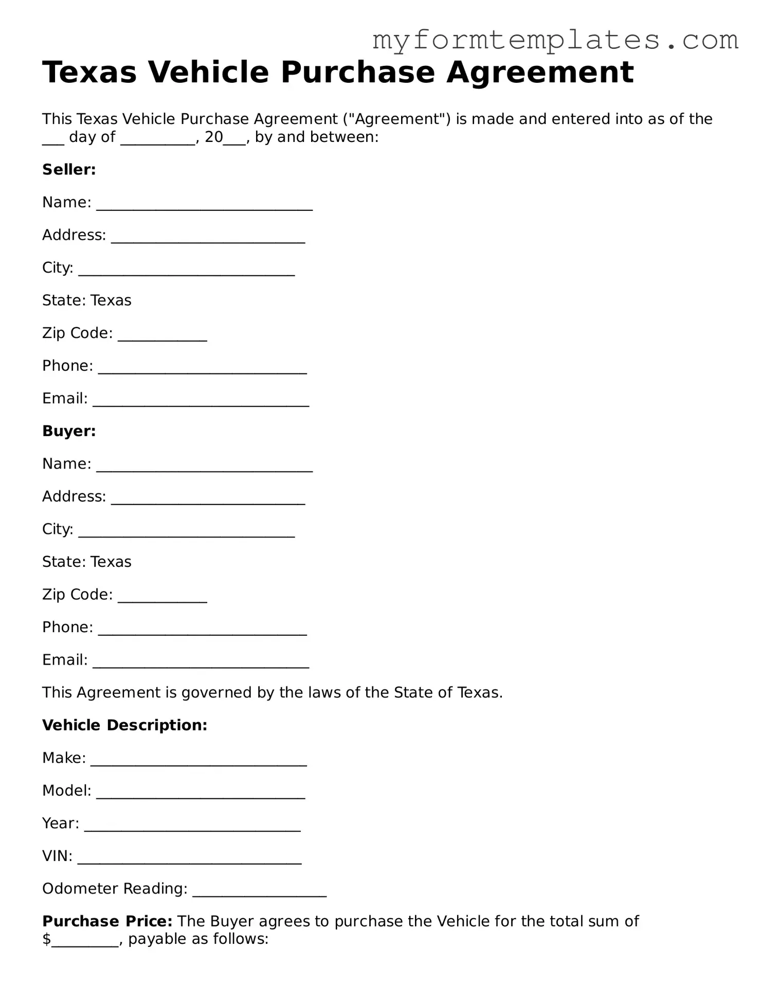 Official Vehicle Purchase Agreement Form for the State of Texas