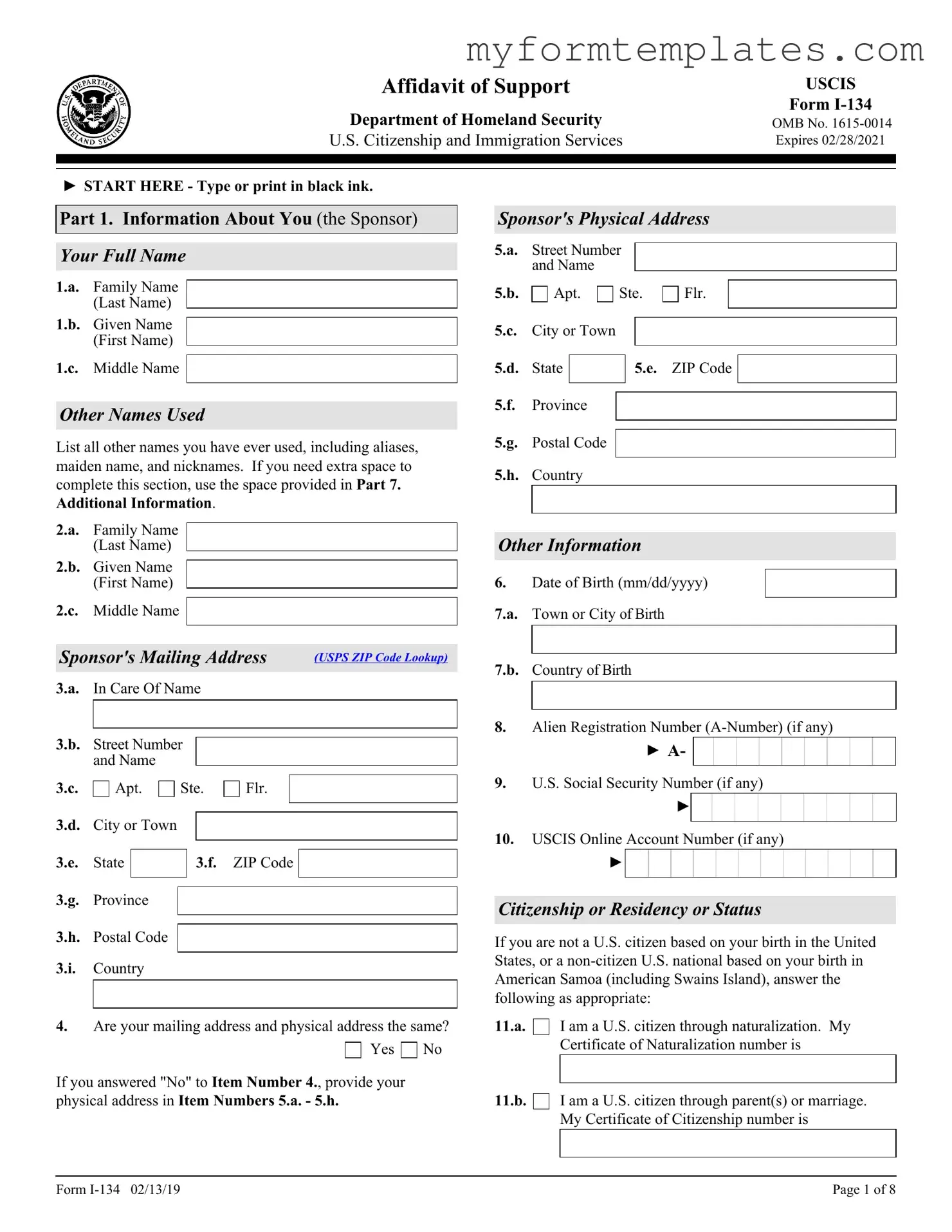 Official USCIS I-134 Form in PDF