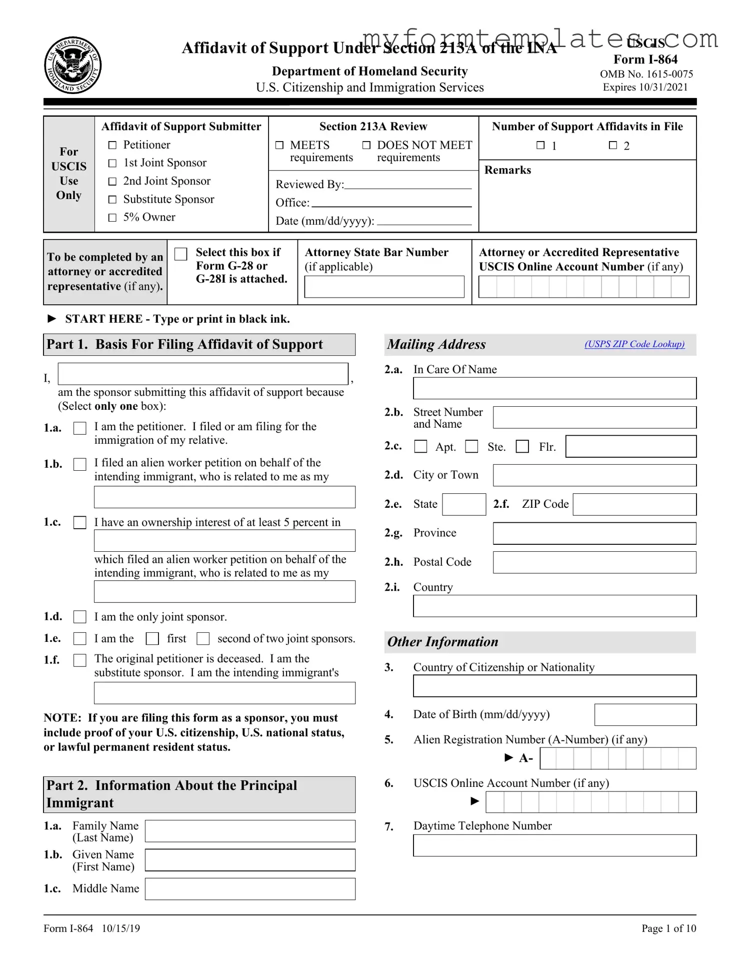 Official USCIS I-864 Form in PDF