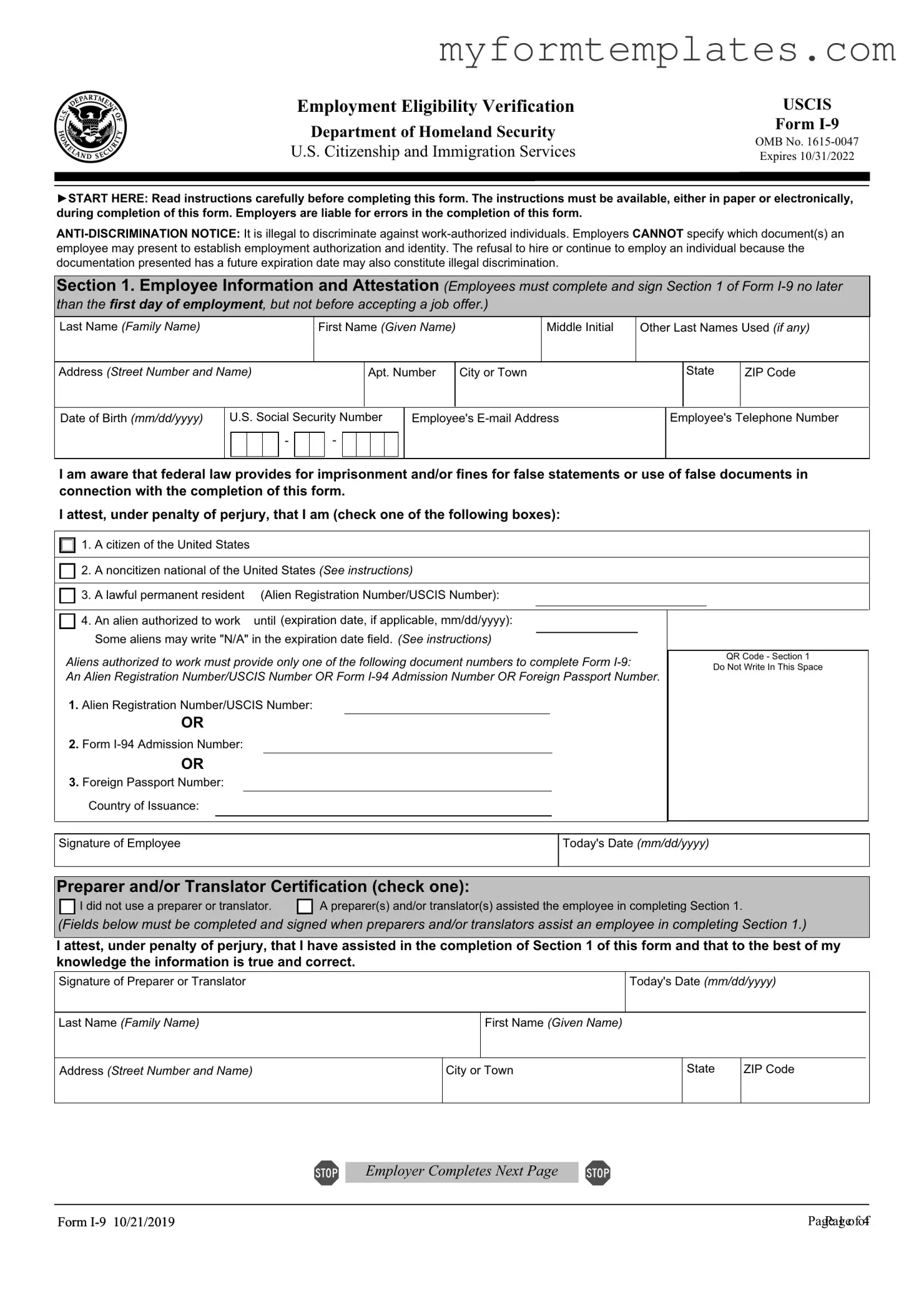 Official USCIS I-9 Form in PDF