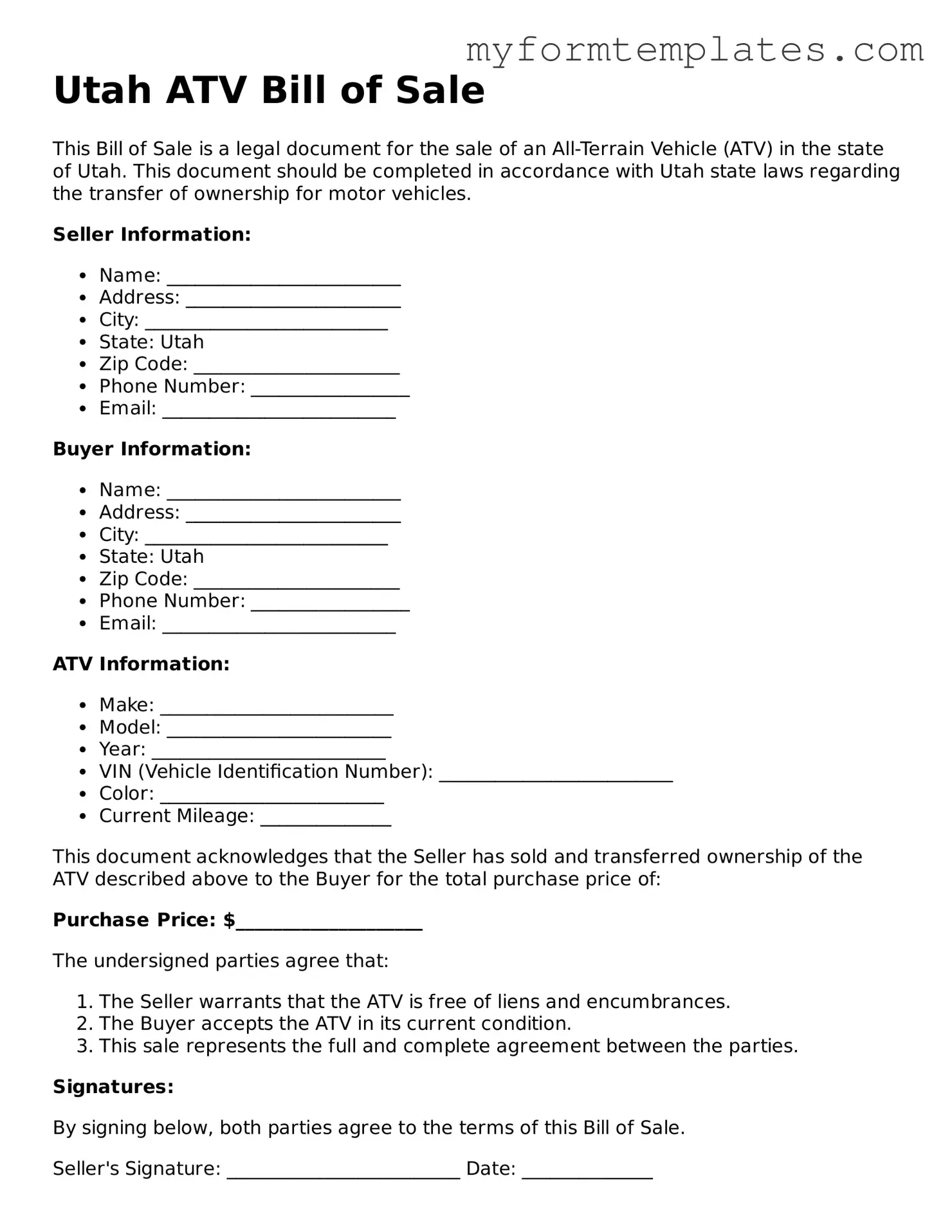 Official ATV Bill of Sale Form for the State of Utah