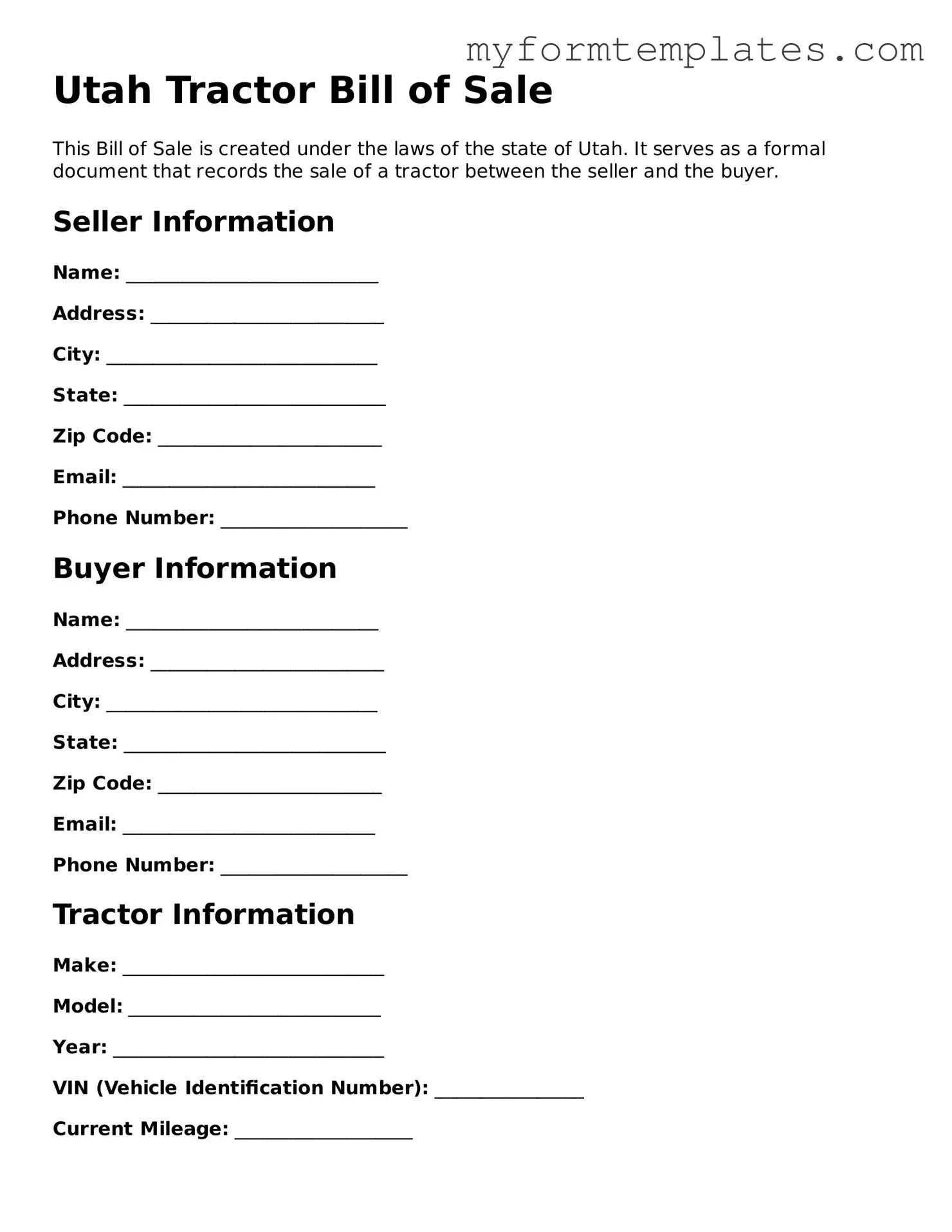 Official Tractor Bill of Sale Form for the State of Utah