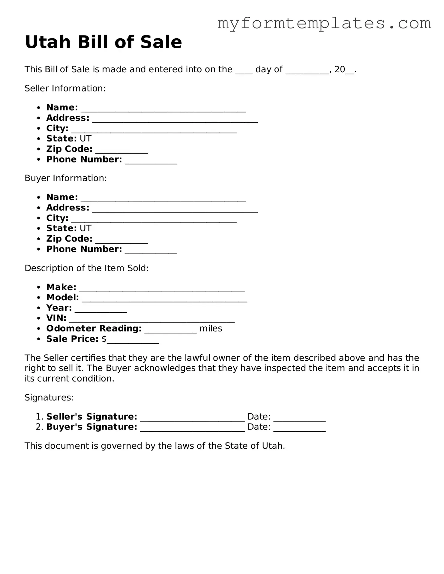 Official Bill of Sale Form for the State of Utah