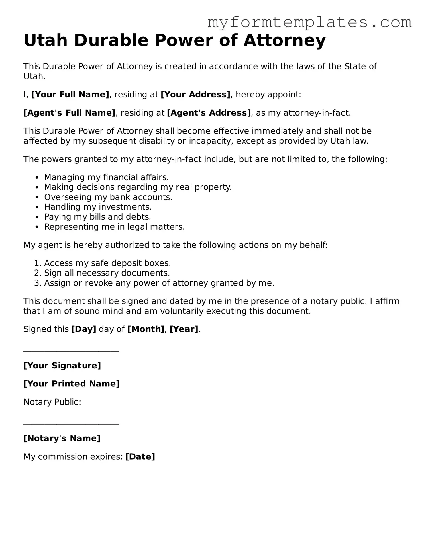 Official Durable Power of Attorney Form for the State of Utah