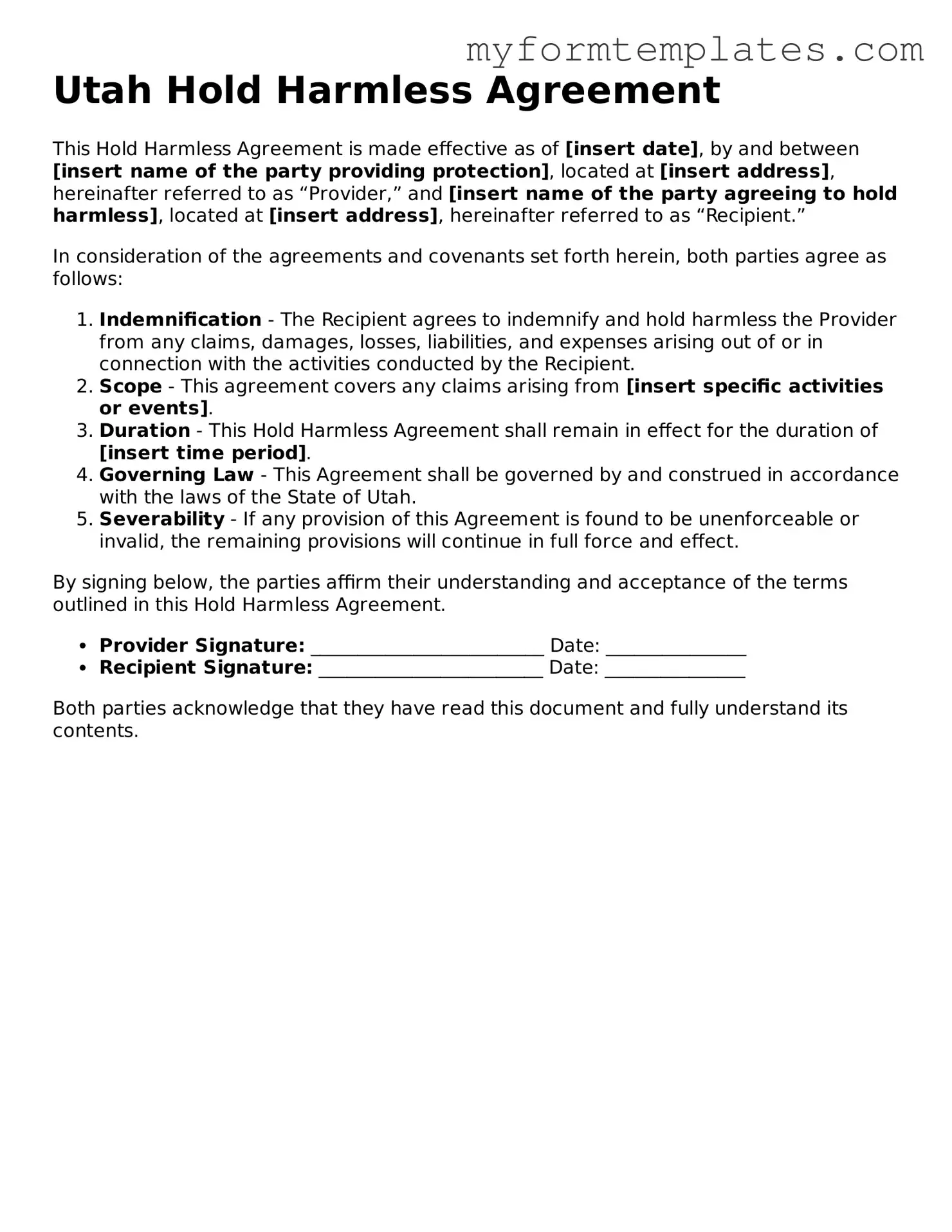 Official Hold Harmless Agreement Form for the State of Utah