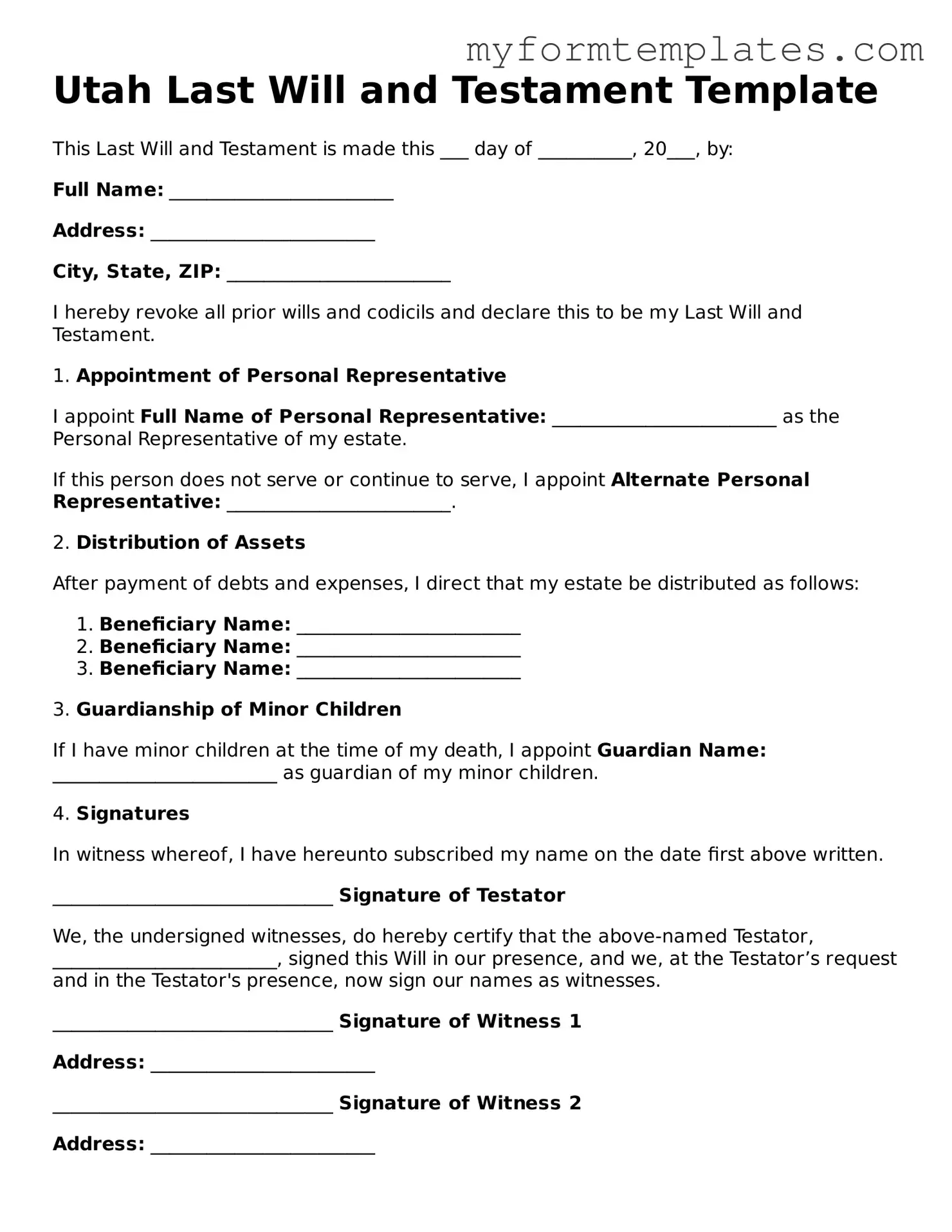 Official Last Will and Testament Form for the State of Utah