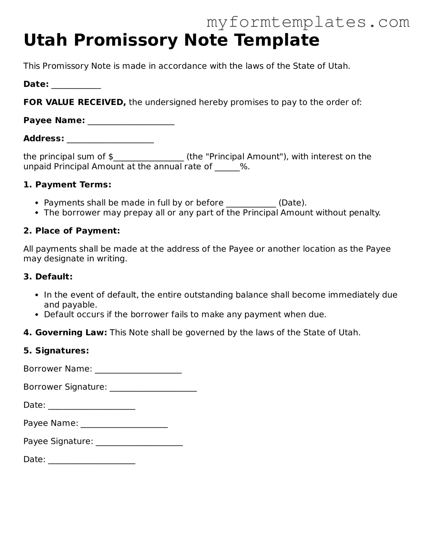 Official Promissory Note Form for the State of Utah