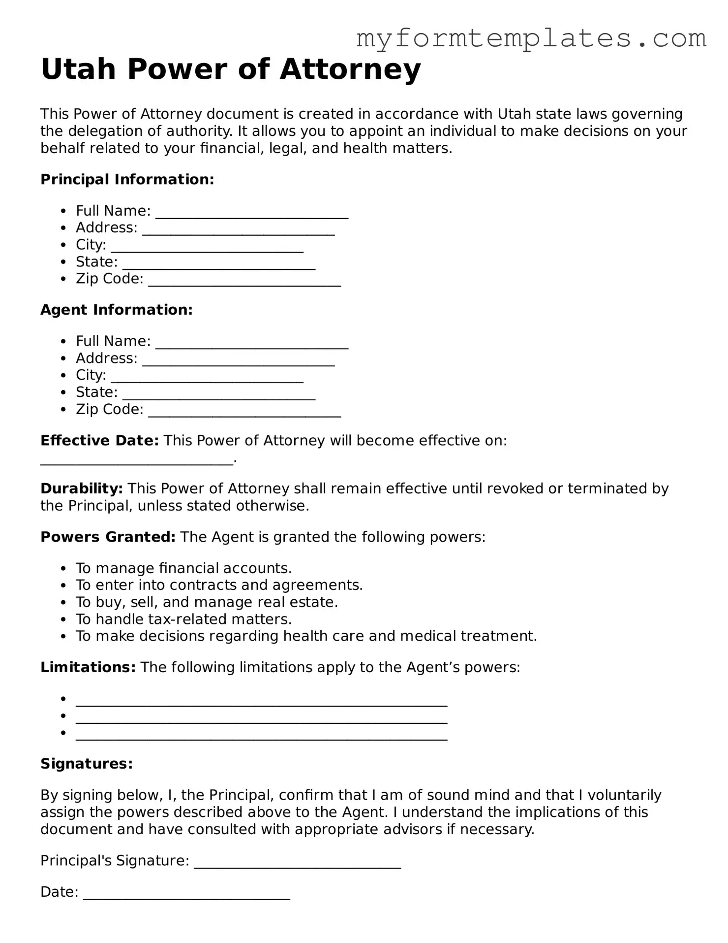 Official Power of Attorney Form for the State of Utah
