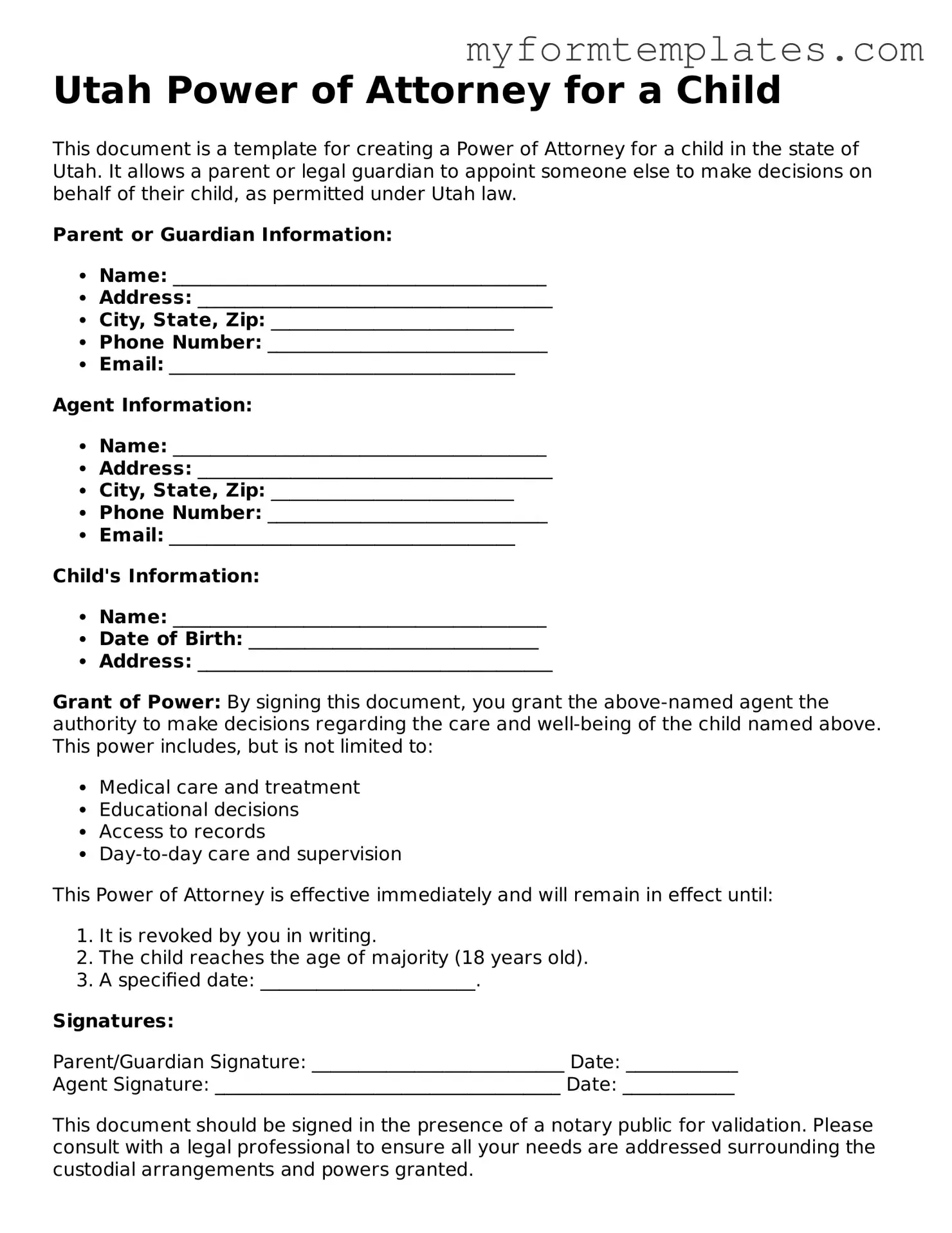 Official Power of Attorney for a Child Form for the State of Utah