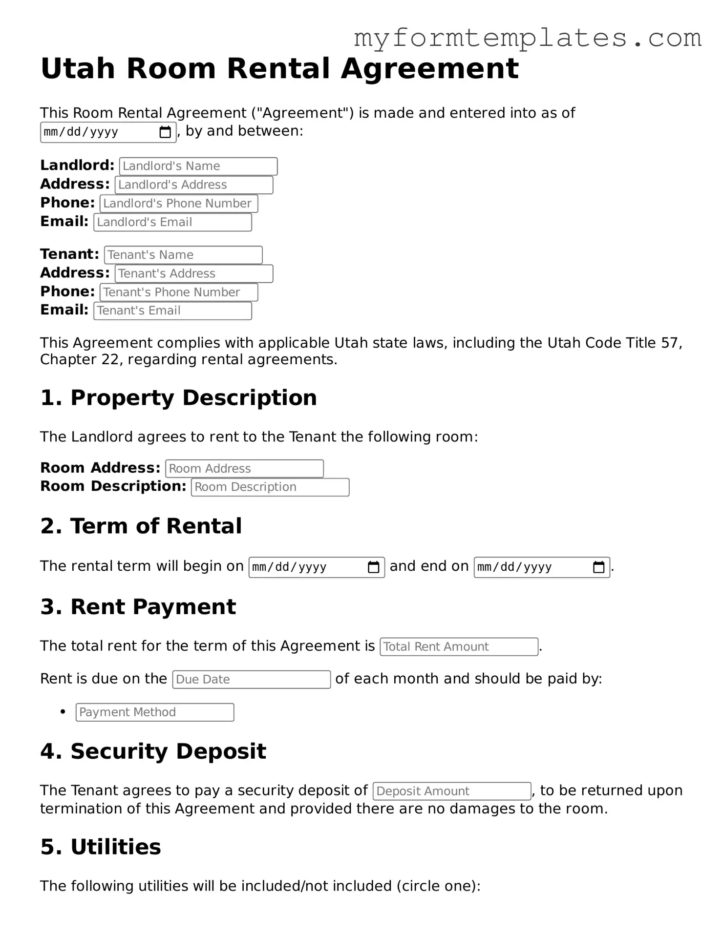 Official Room Rental Agreement Form for the State of Utah