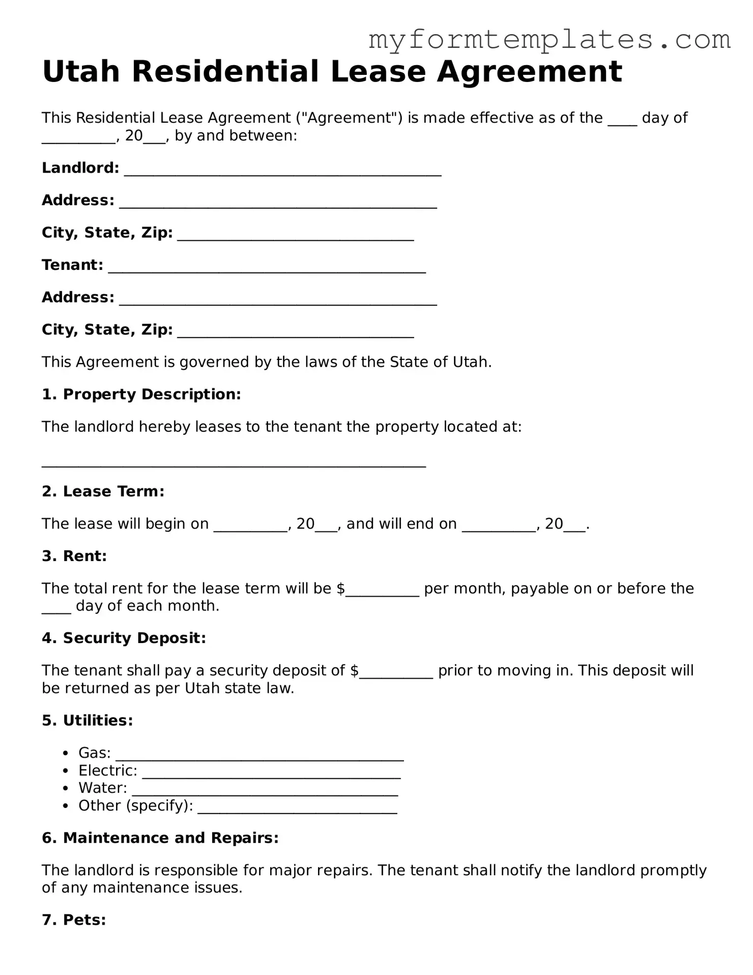 Official Residential Lease Agreement Form for the State of Utah