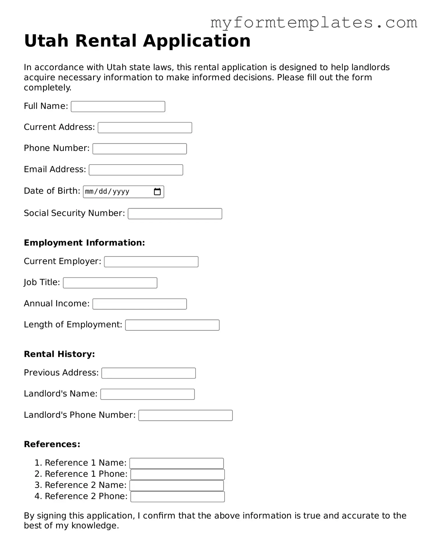 Official Rental Application Form for the State of Utah