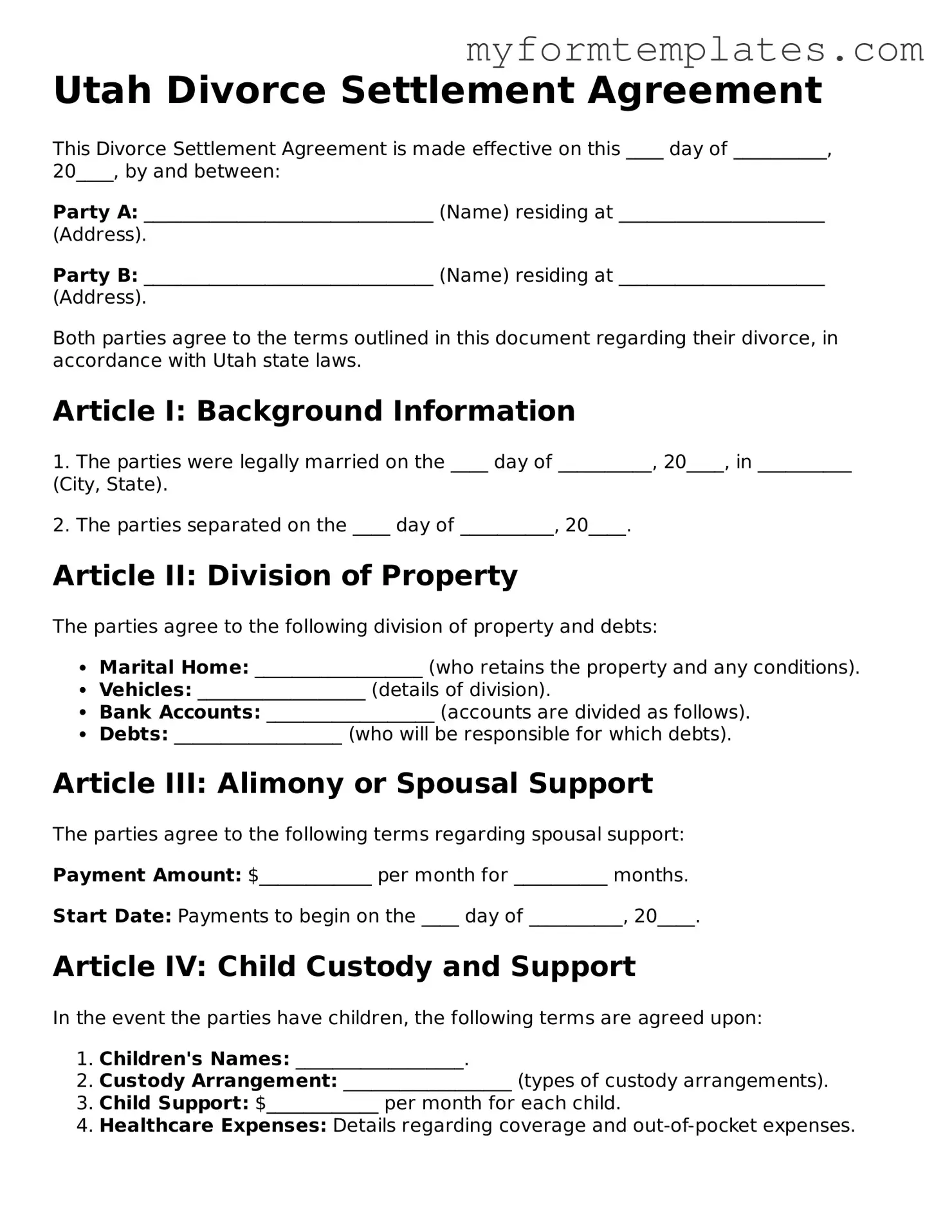 Official Divorce Settlement Agreement Form for the State of Utah