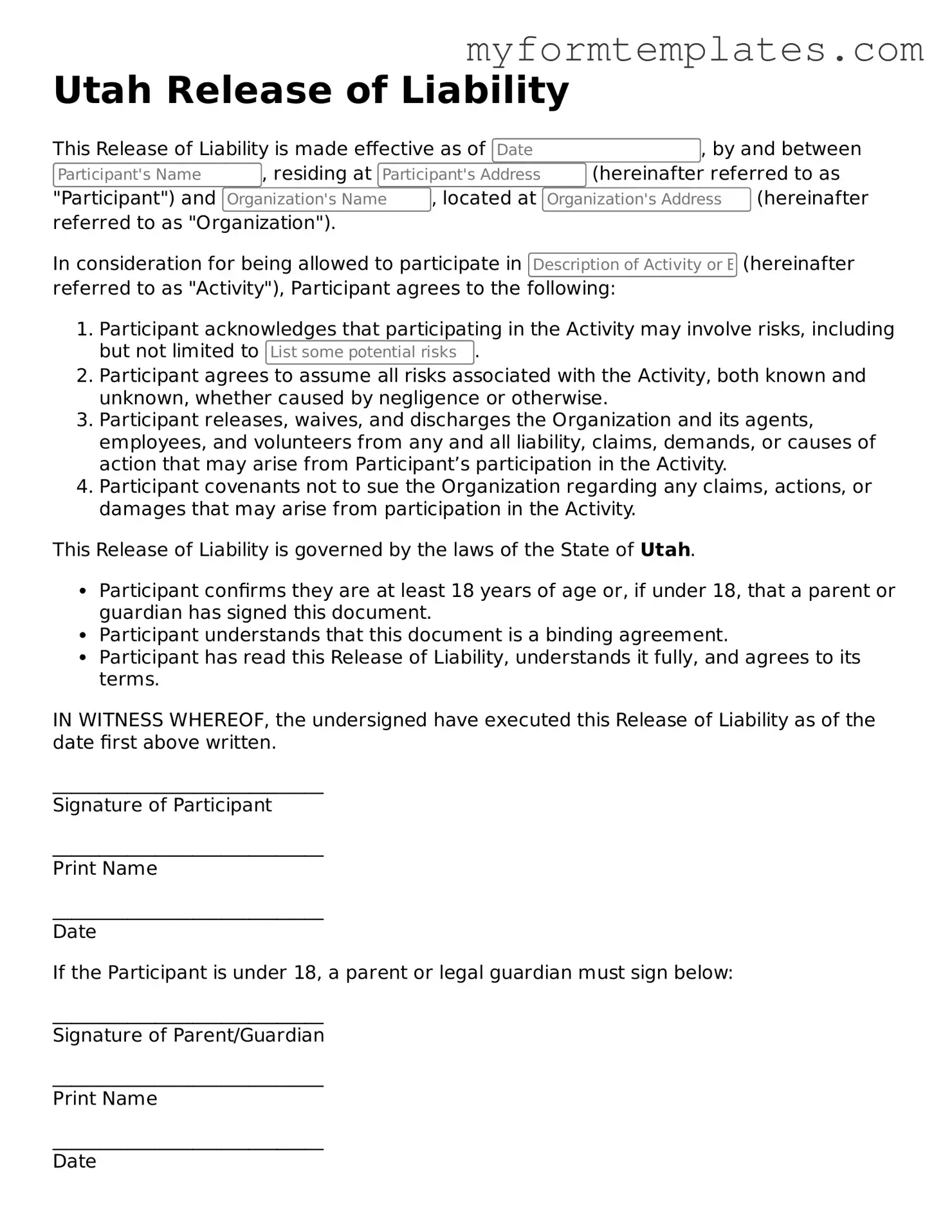Official Release of Liability Form for the State of Utah