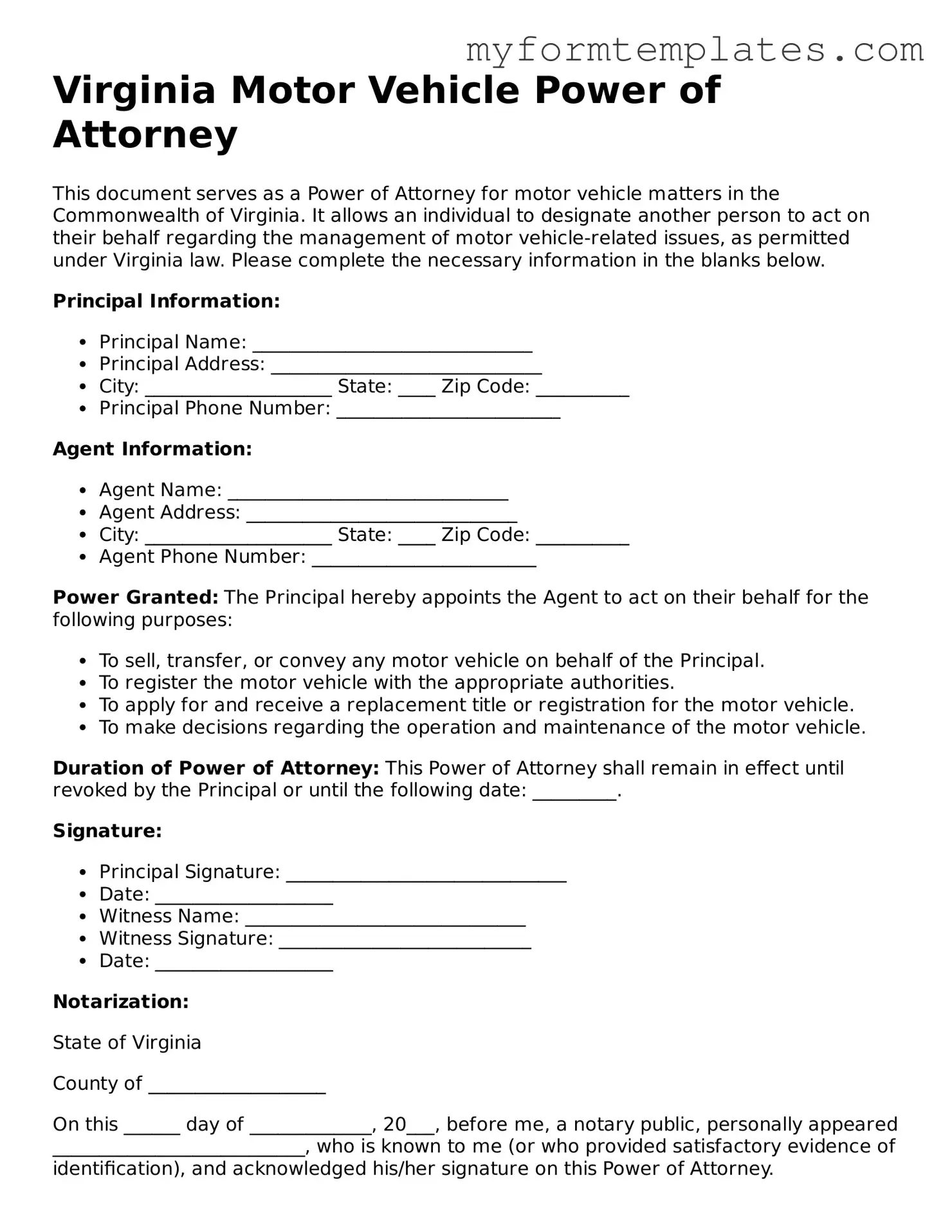 Official Motor Vehicle Power of Attorney Form for the State of Virginia