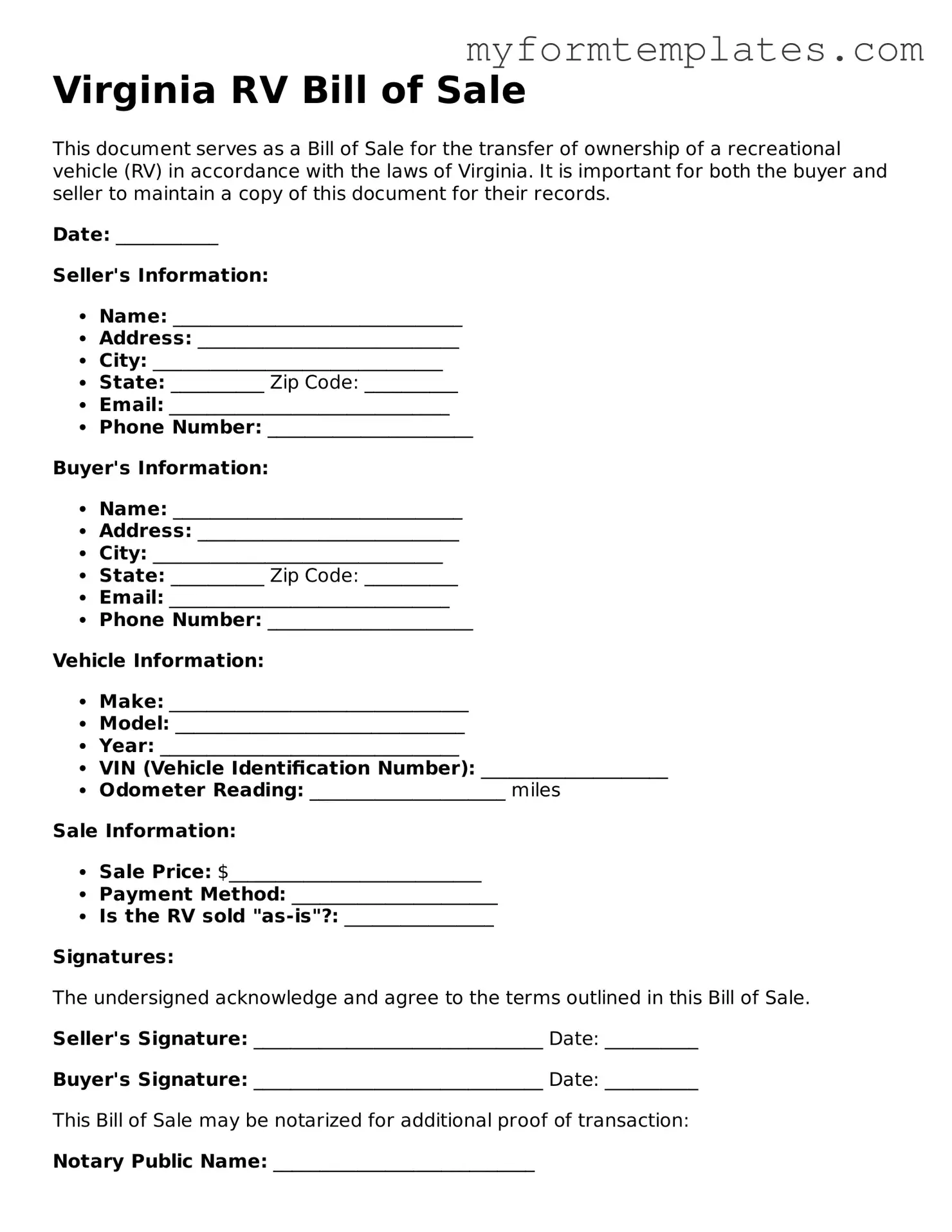 Official RV Bill of Sale Form for the State of Virginia