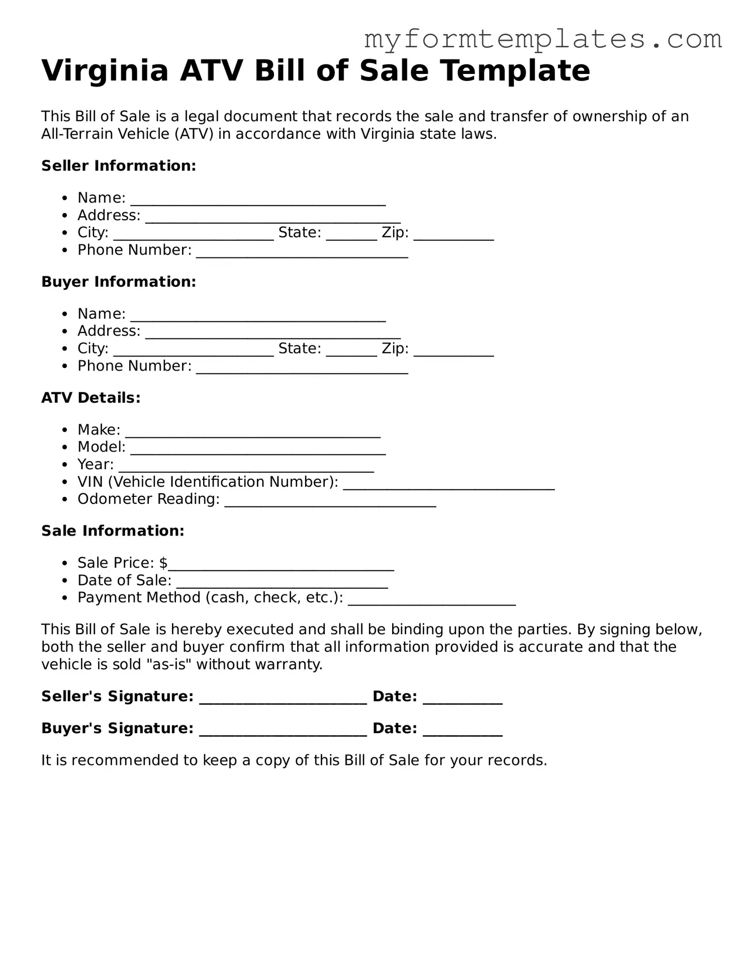 Official ATV Bill of Sale Form for the State of Virginia
